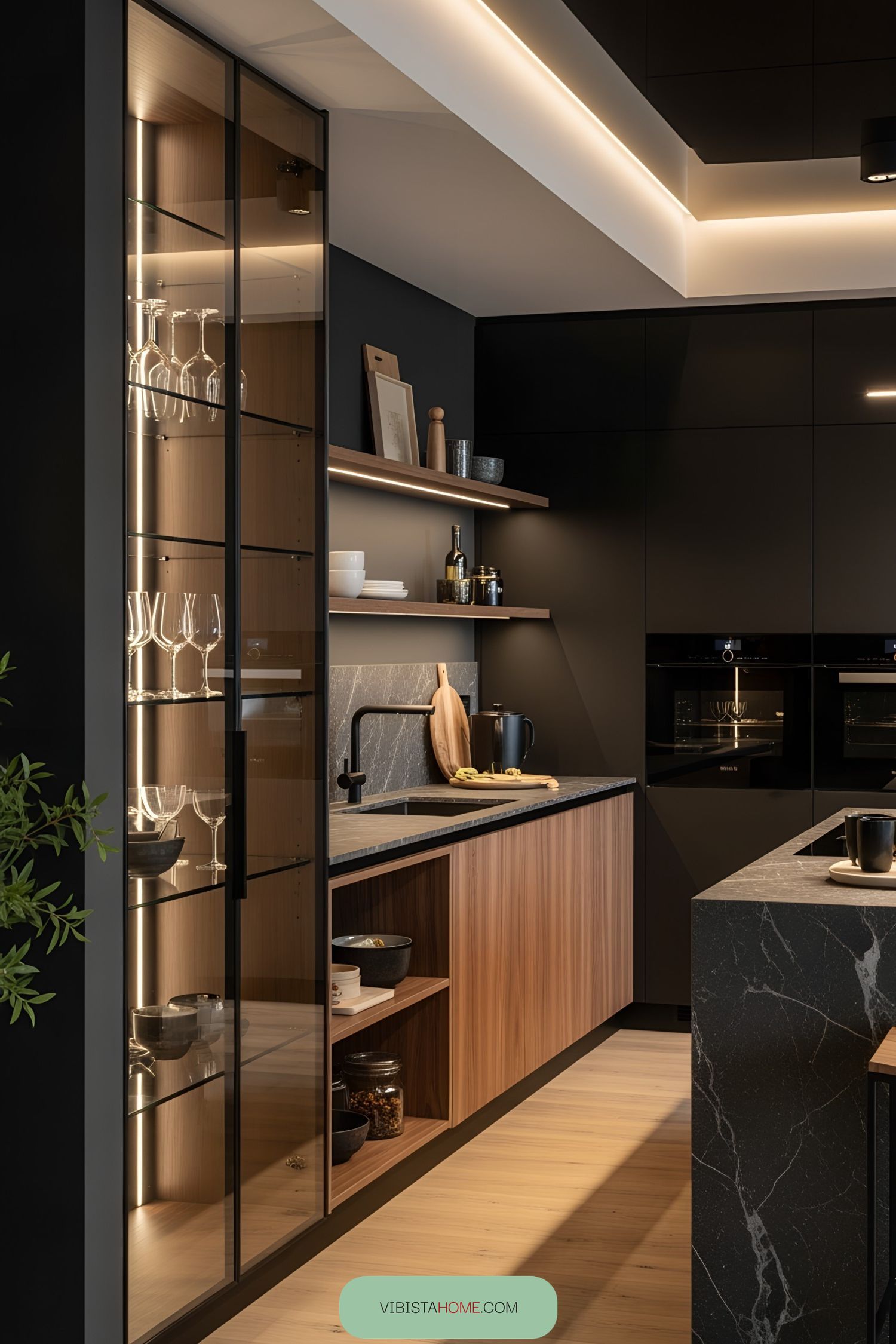 Elegant modern kitchen with black and wooden elements