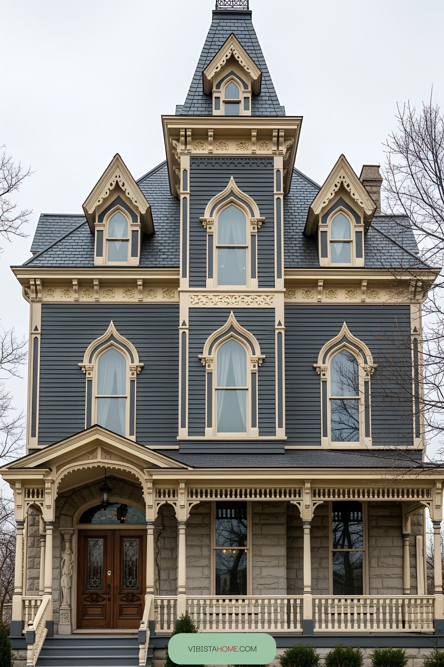 Gothic Victorian house with pointed arches and ornate details