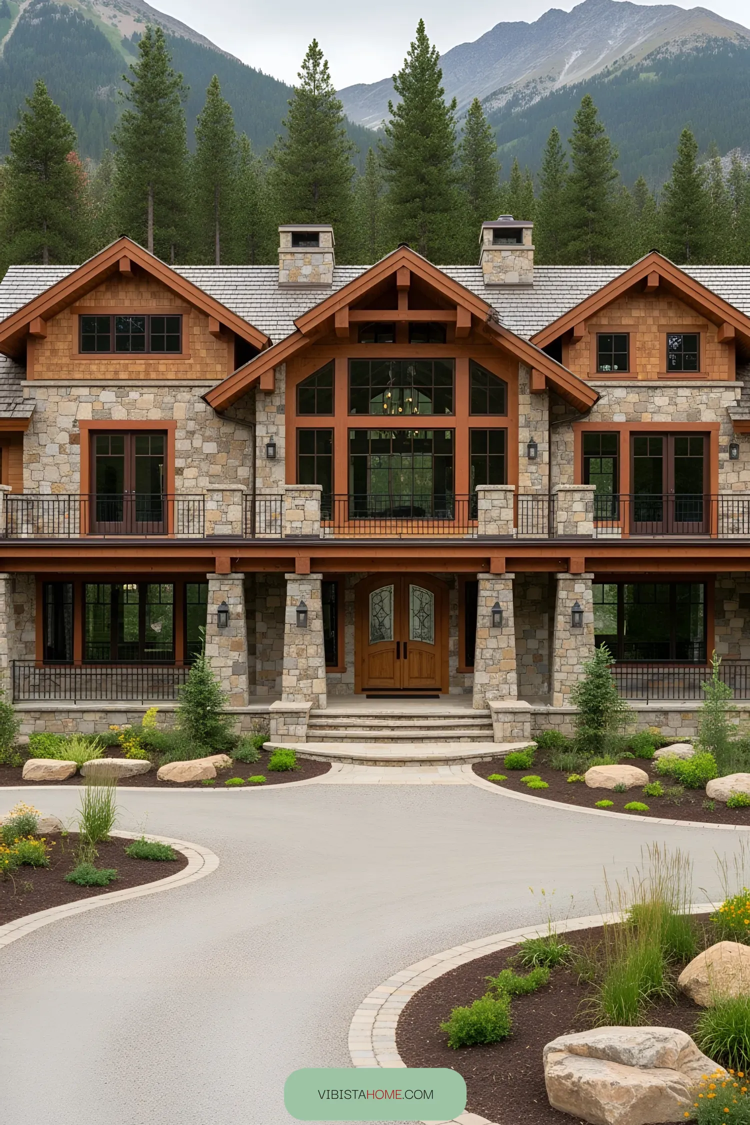 Grand stone lodge with lush mountain backdrop