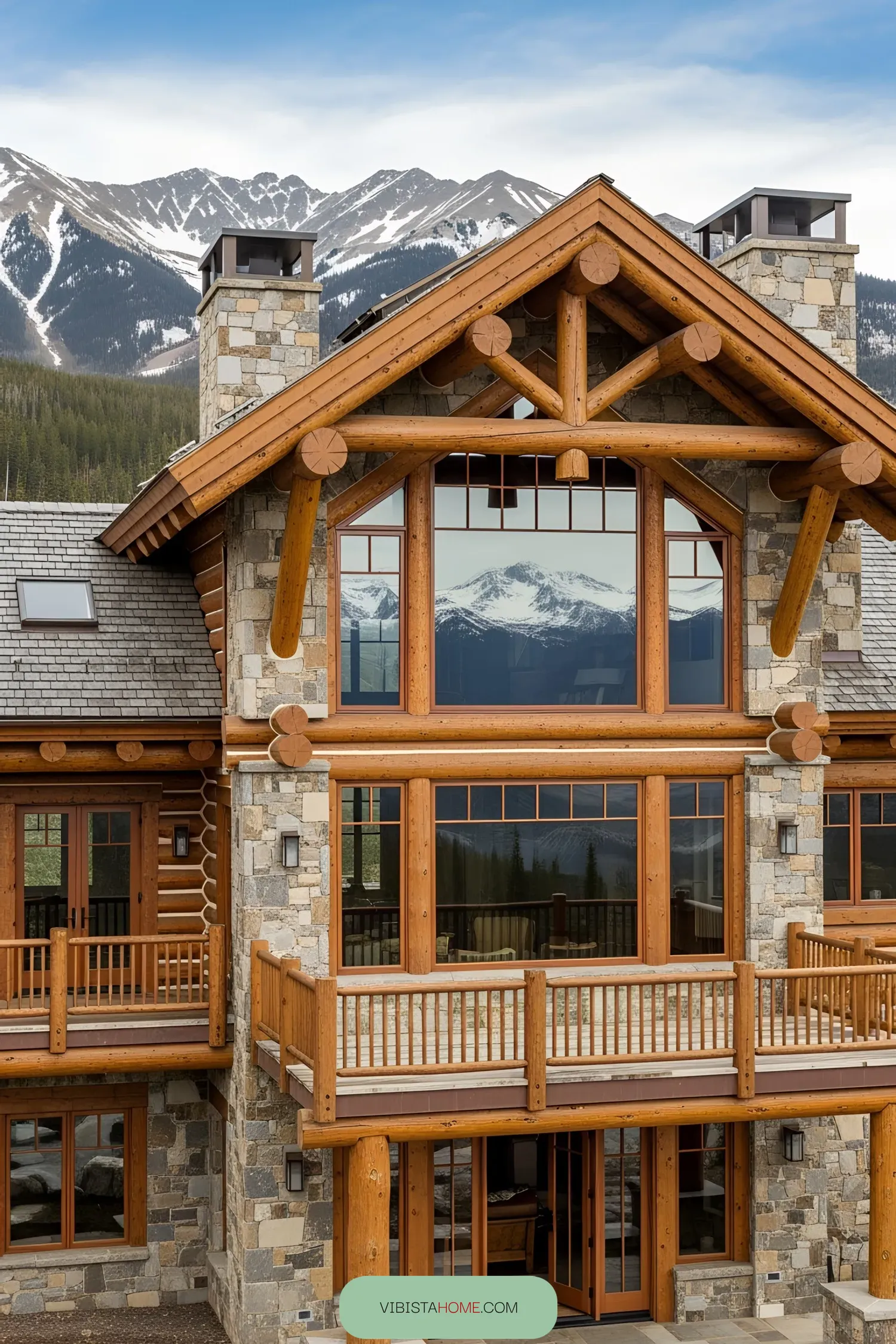 Stately stone lodge with towering mountain backdrop