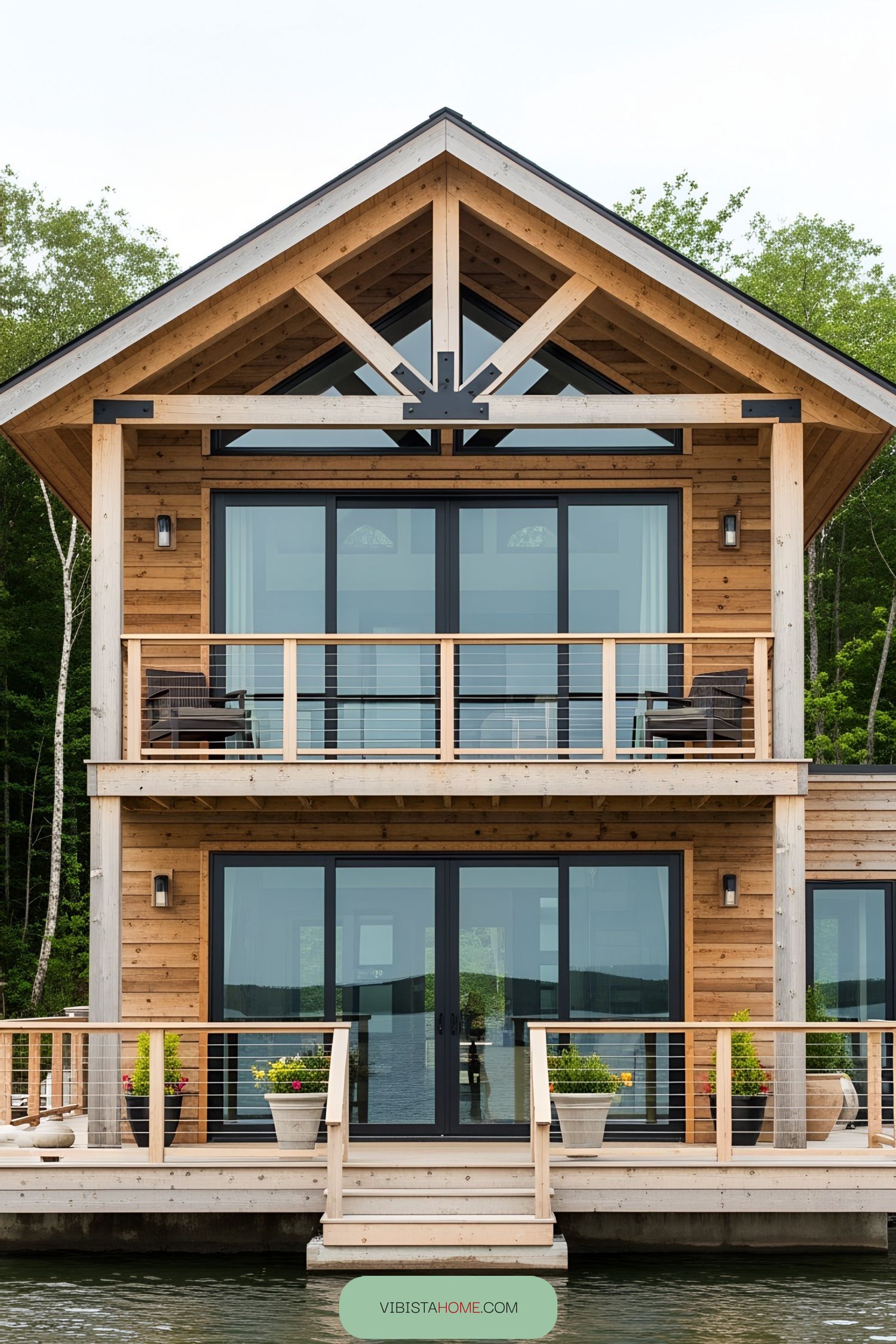 A wooden floating cottage with large glass doors and green surroundings