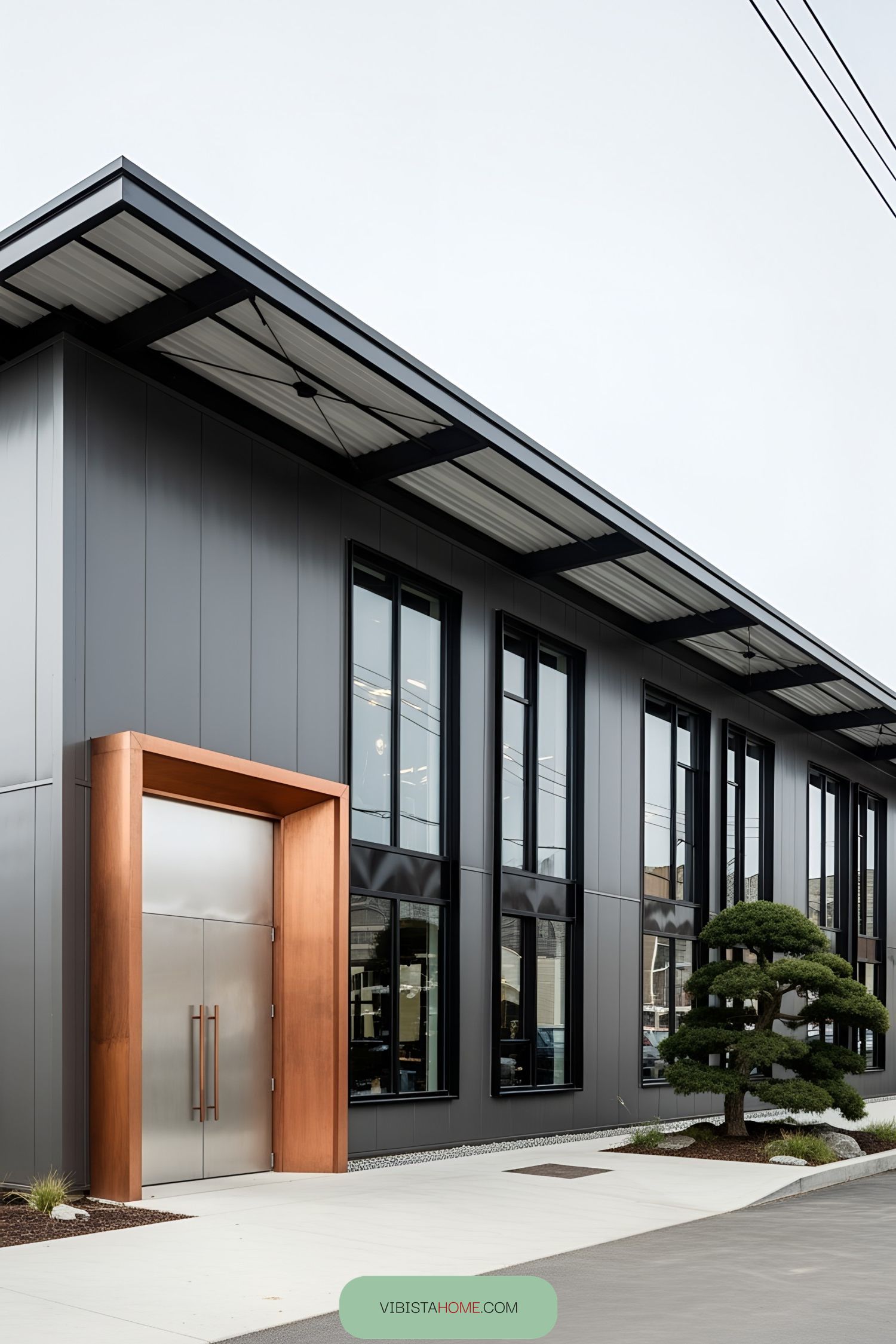 Modern industrial building with sleek facade and large windows