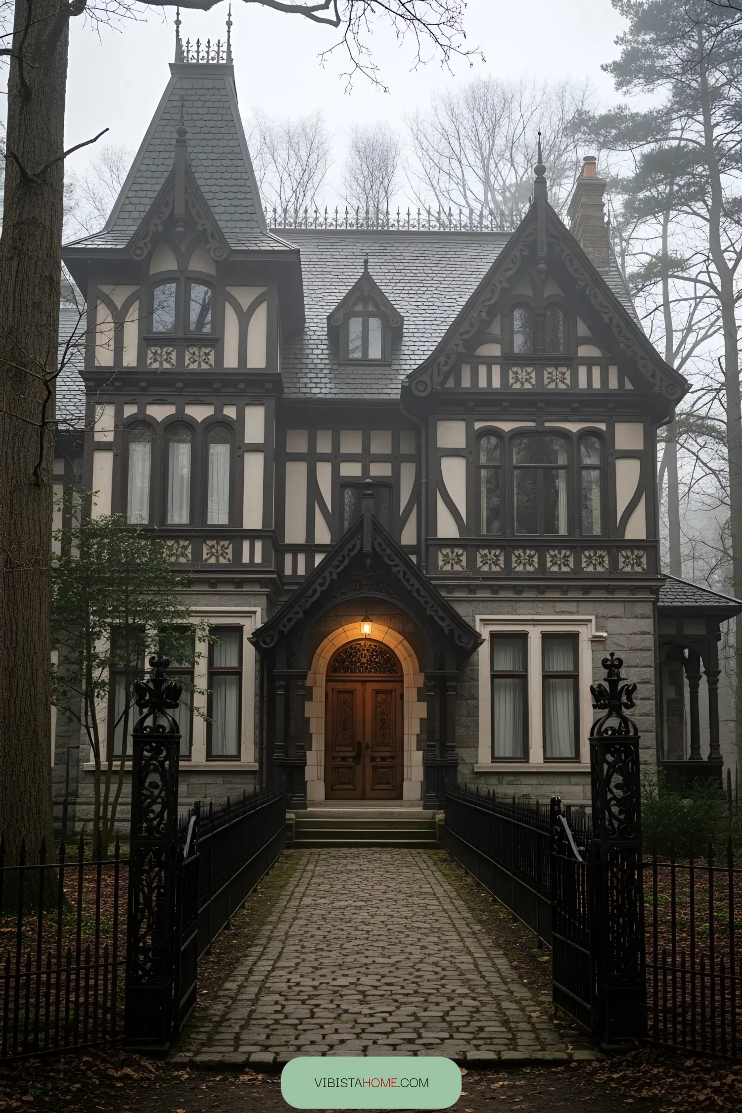 Victorian house shrouded in mist with ornate iron fence