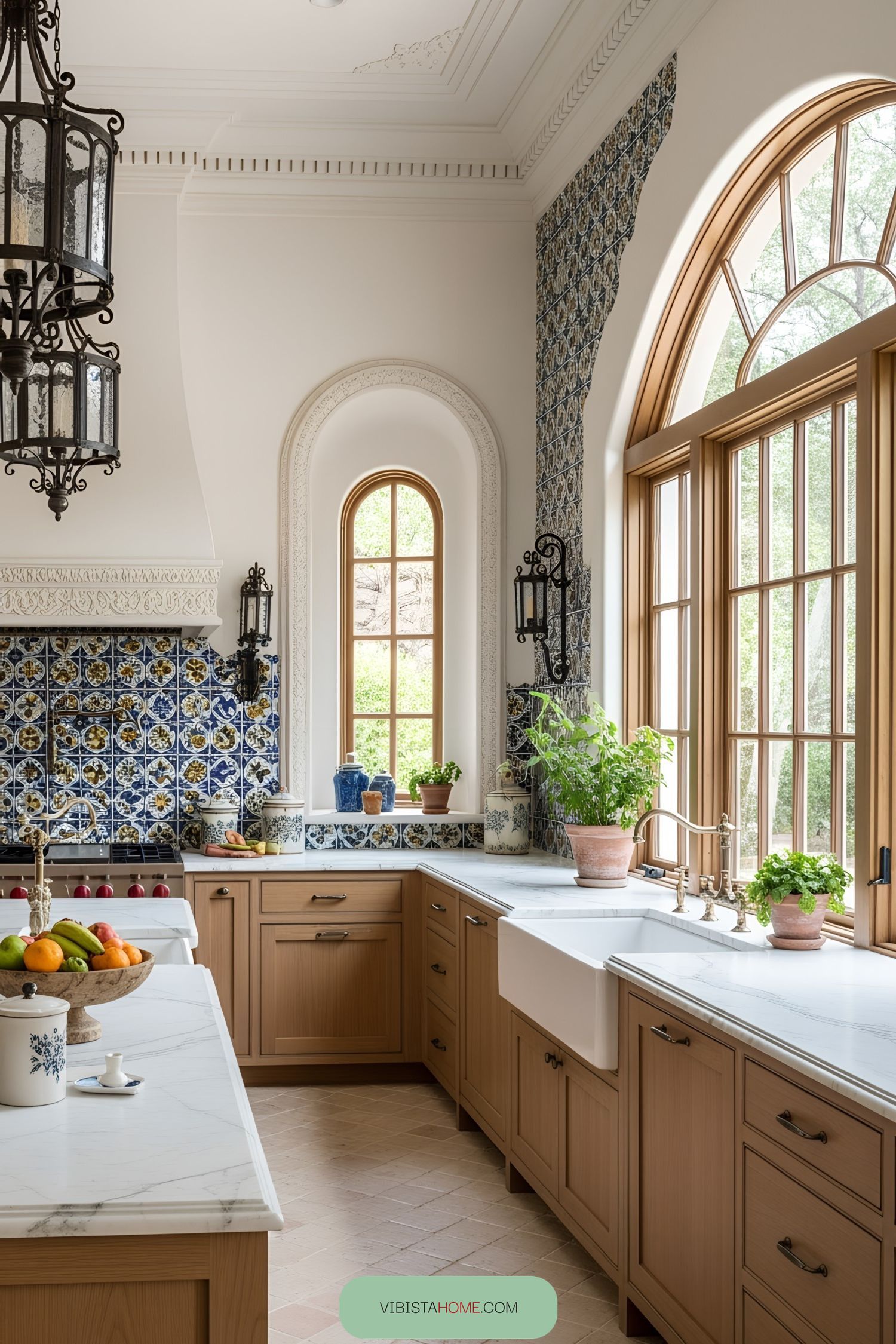 Spanish-style kitchen with intricate tiles and modern wood cabinets