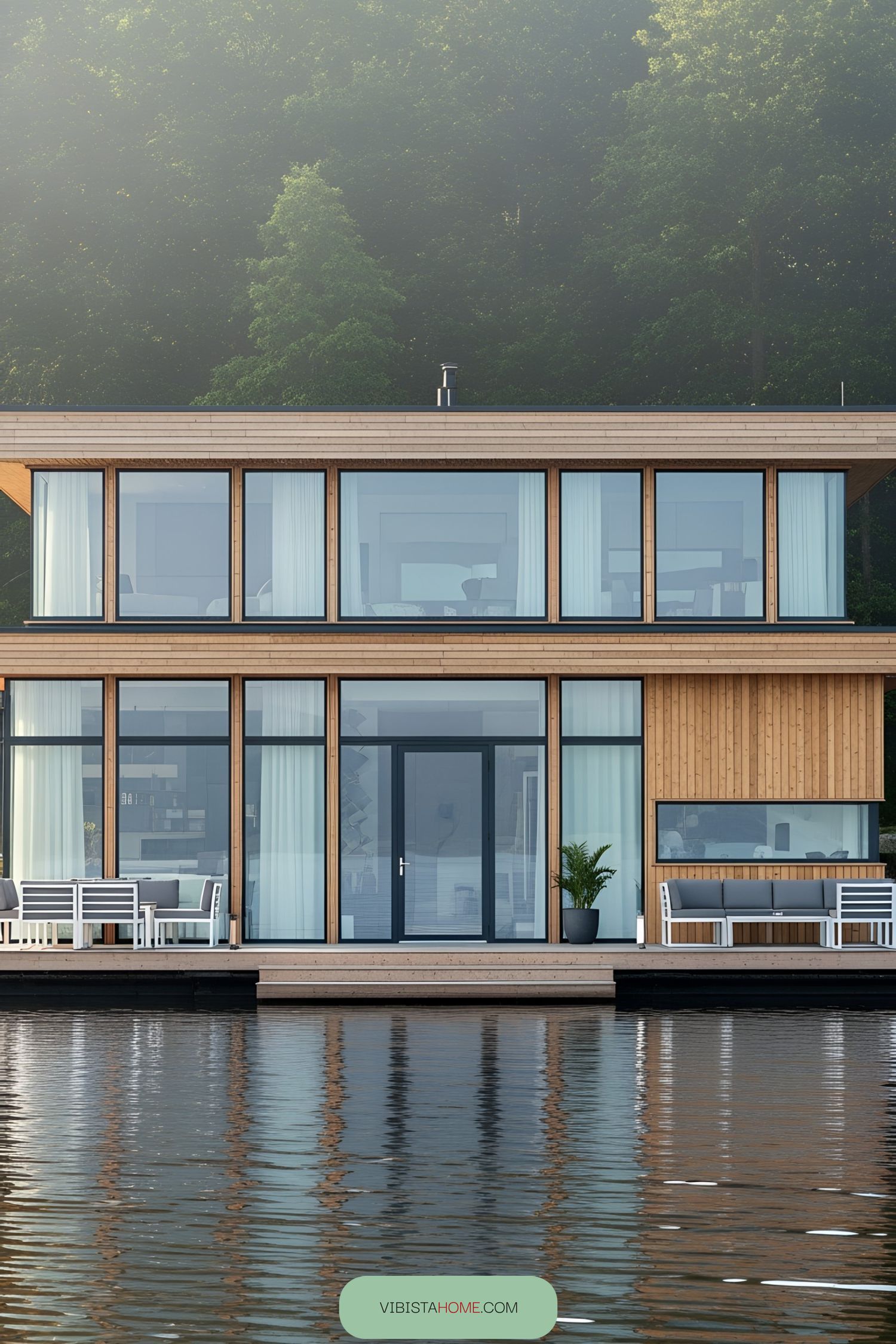 Stylish floating cottage with large windows and a wooden facade