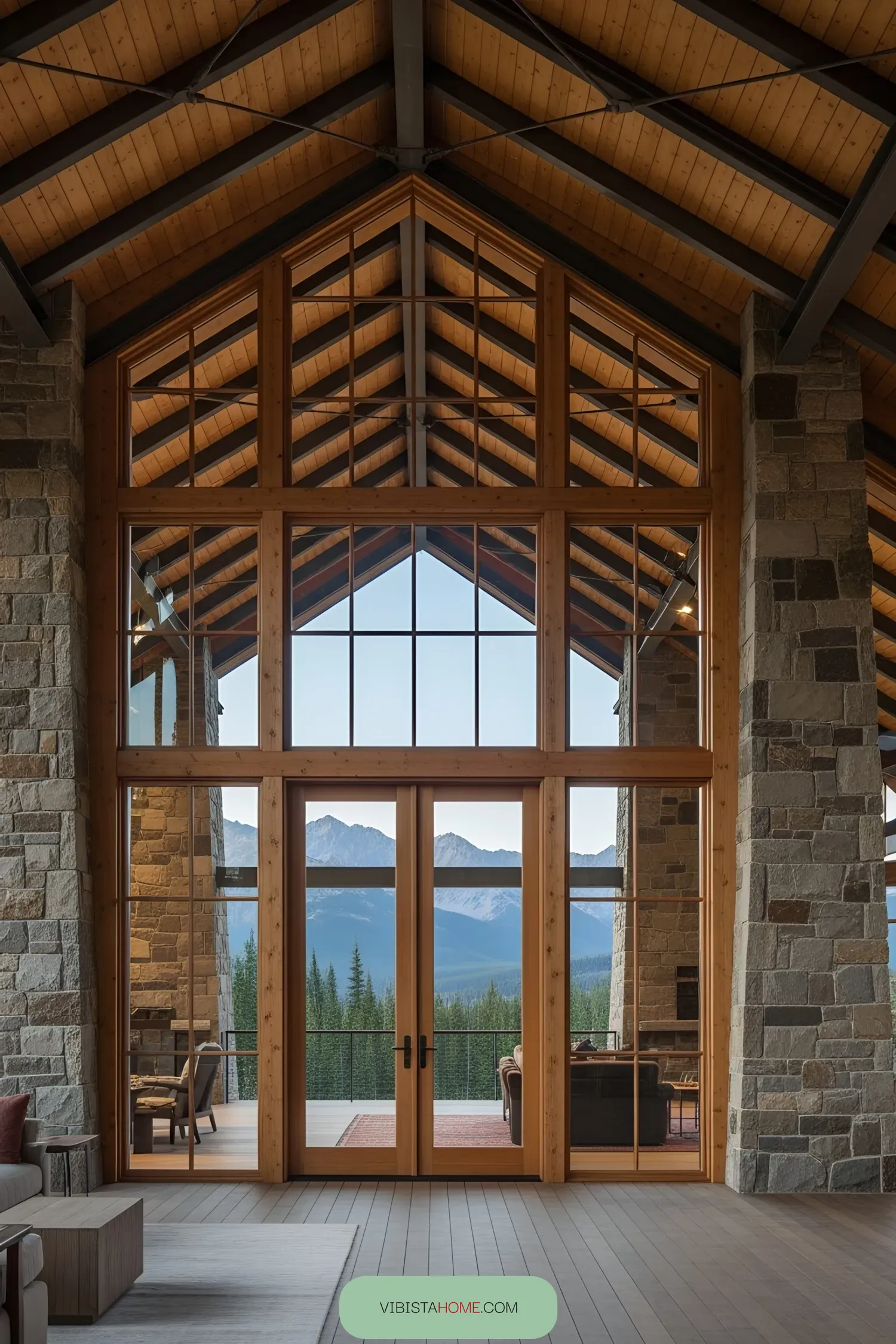 Large wooden framed windows with mountain view