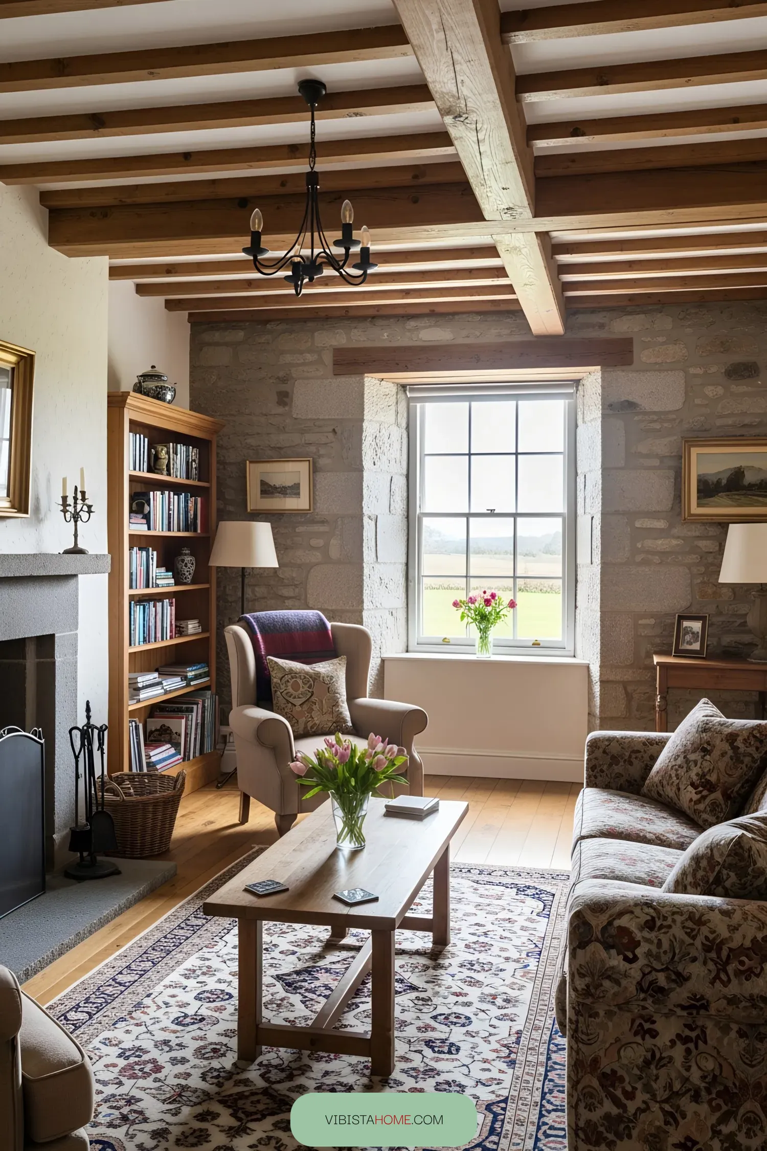 Scottish cottage living room with stone walls and cozy furniture
