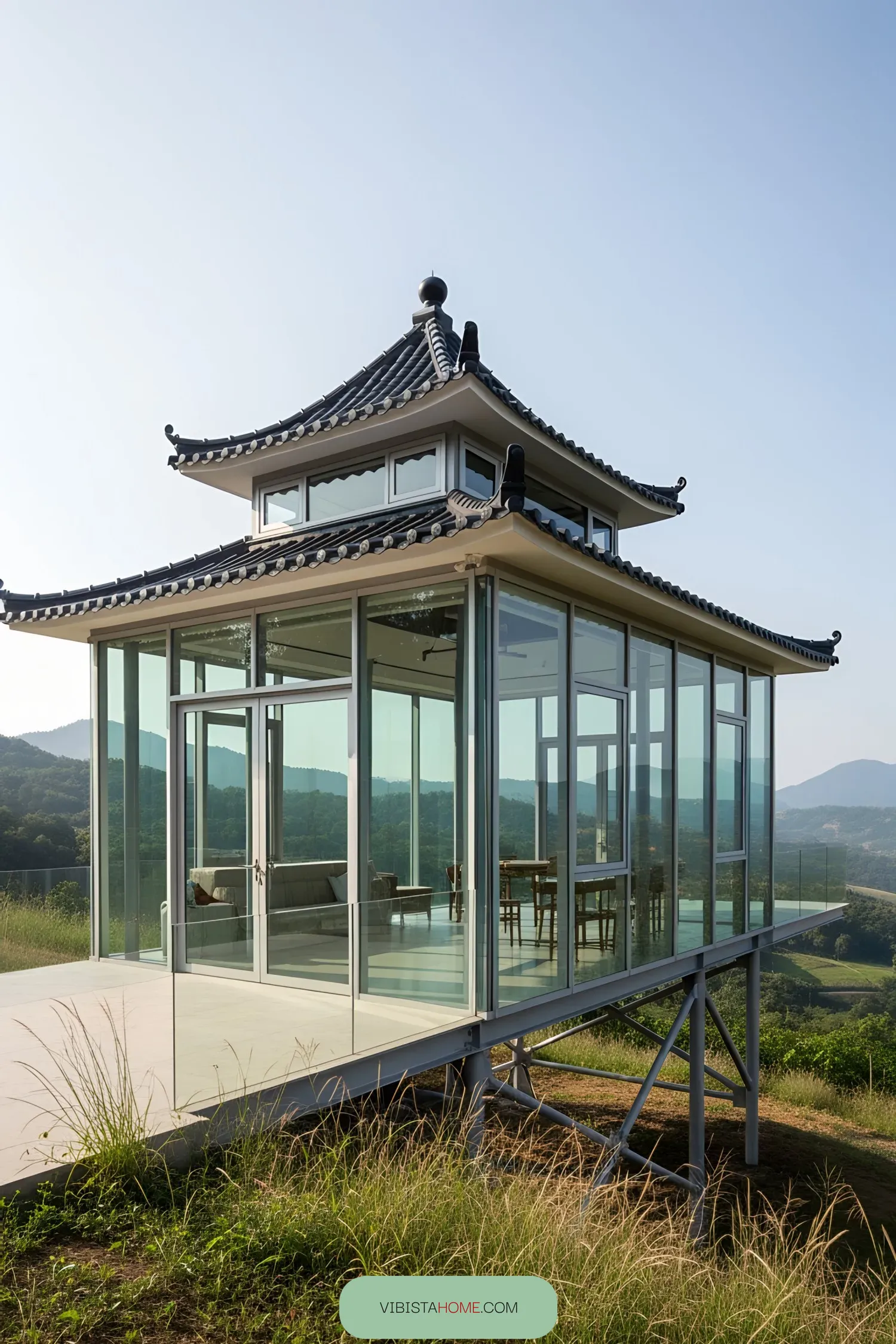 Modern glass pavilion with pagoda roof on a hillside