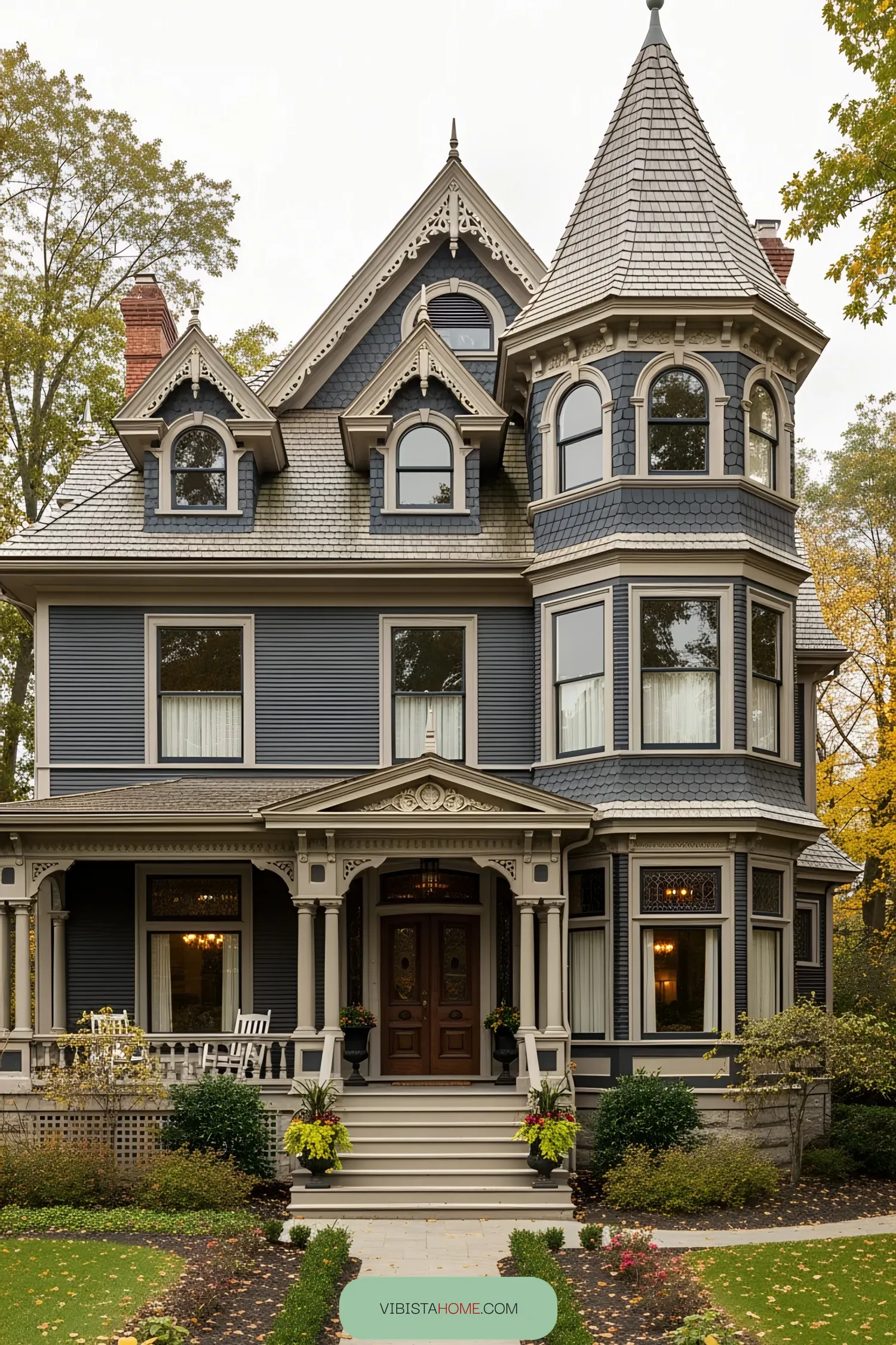 Victorian house with elaborate details and a prominent turret