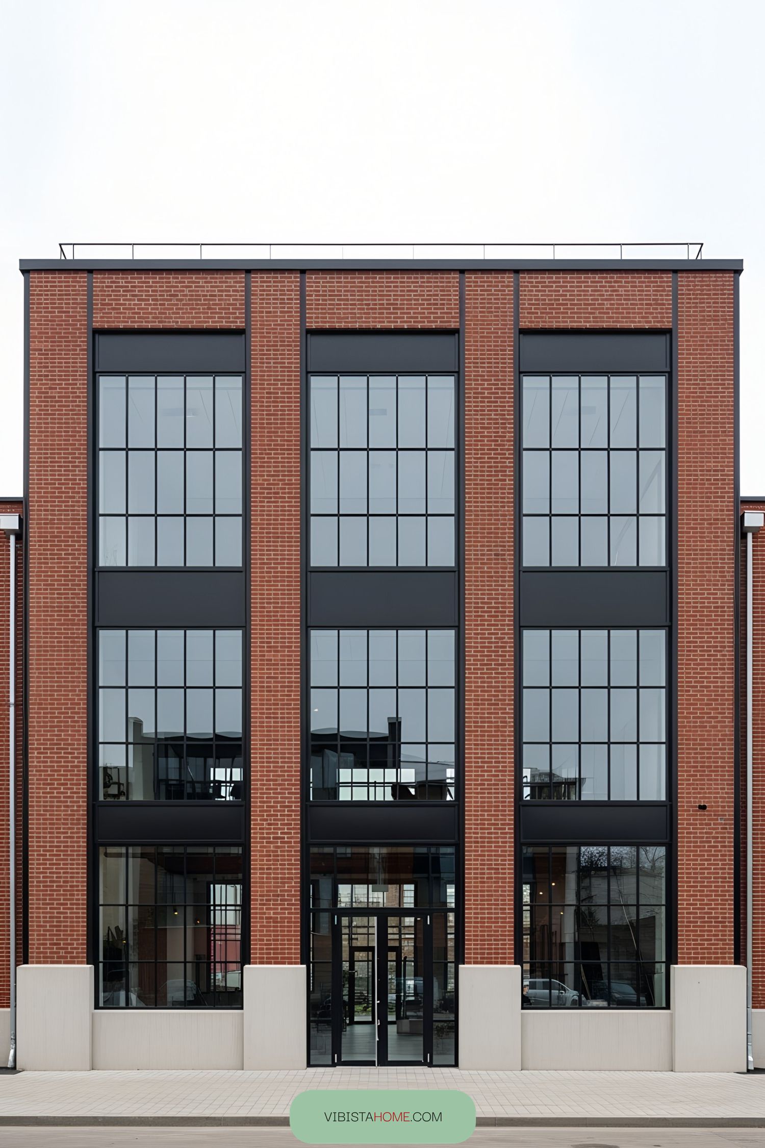 Modern industrial building with a red brick facade and large windows