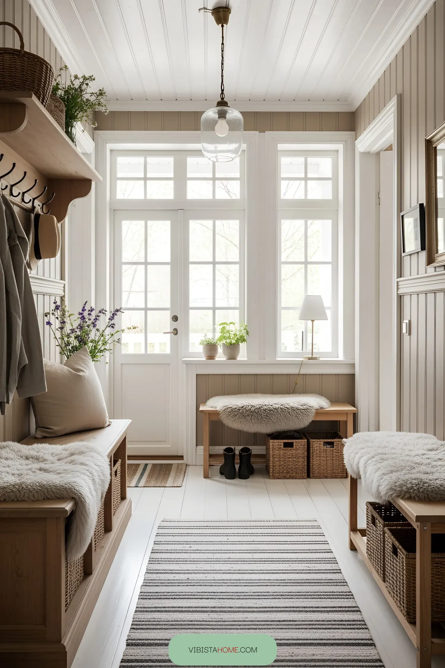 Inviting Swedish hallway with bench and storage