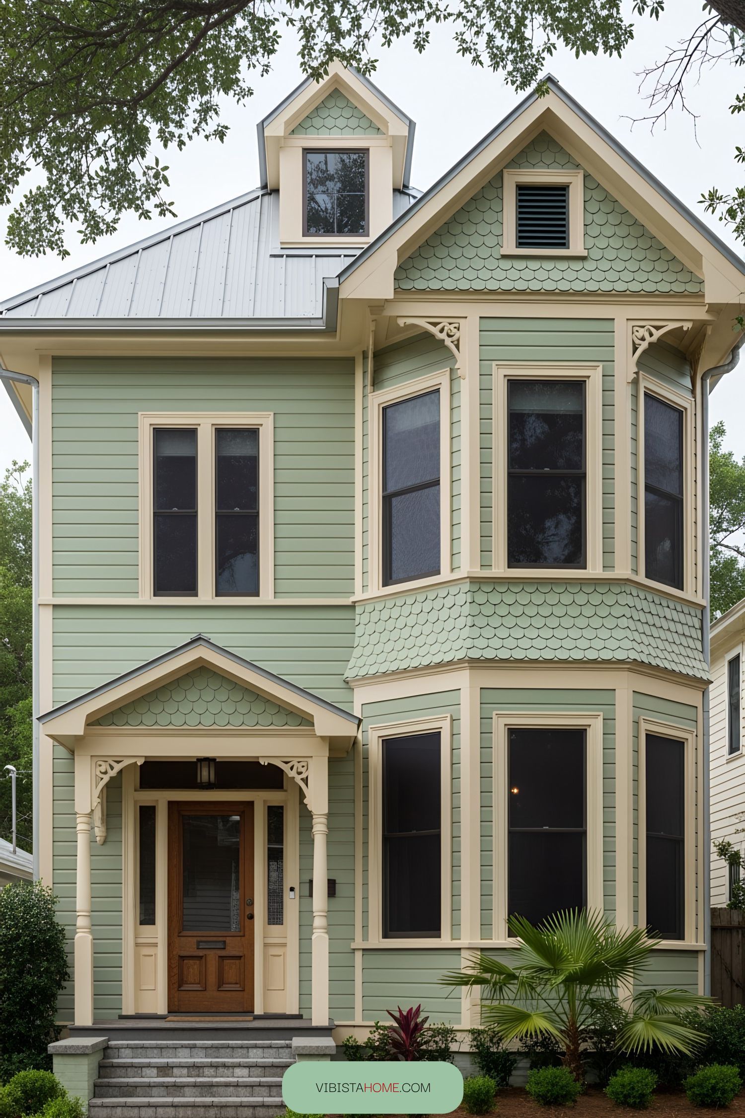 Quaint Victorian cottage with a sage green facade