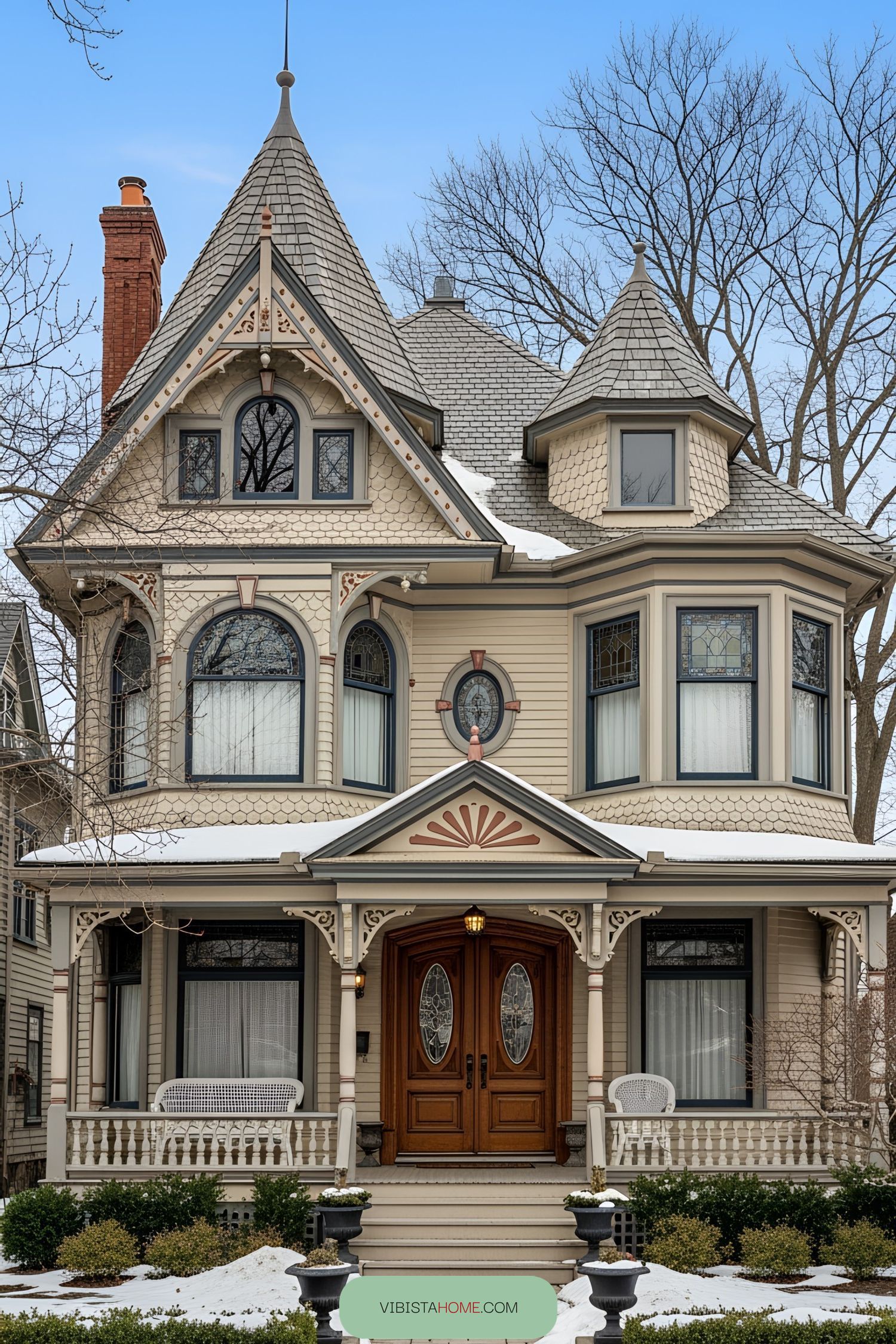 Victorian-style house with intricate wooden details under a clear sky