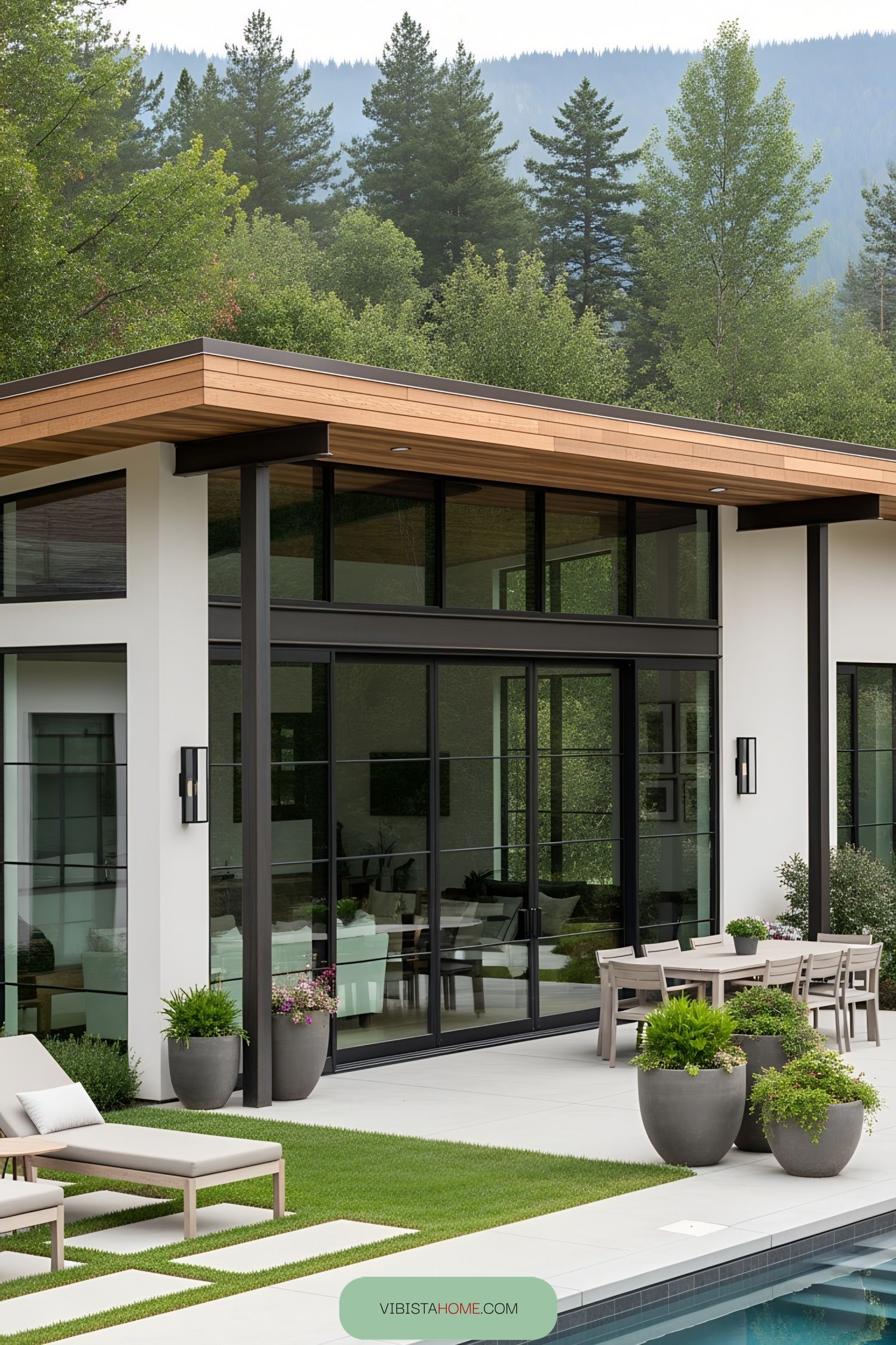 Modern pool house with glass facade in a lush setting