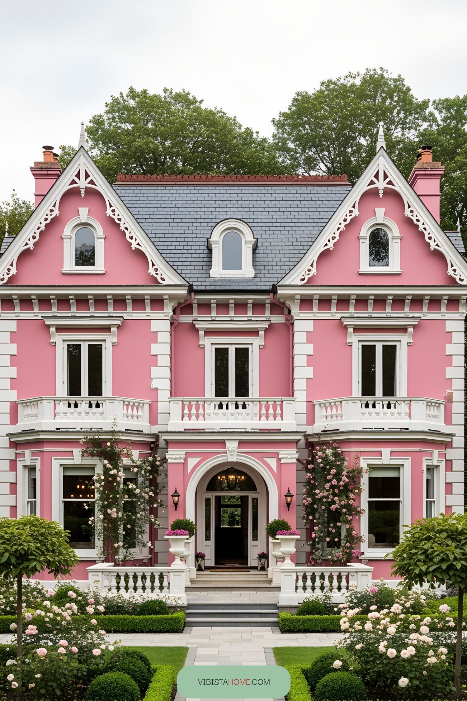 Elegant pink Victorian house with ornate details and lush garden