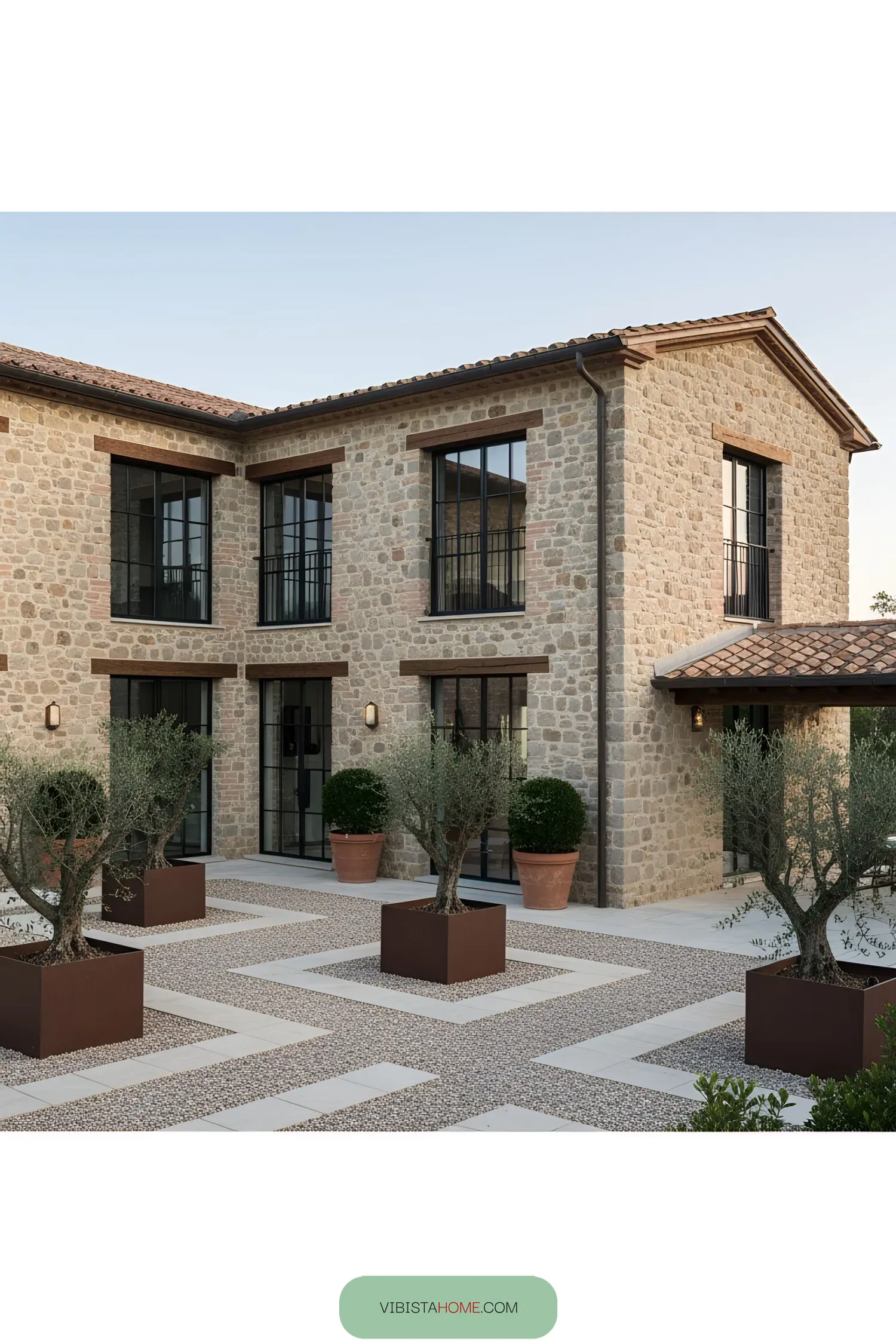 Exterior of a stone villa with large windows and potted trees