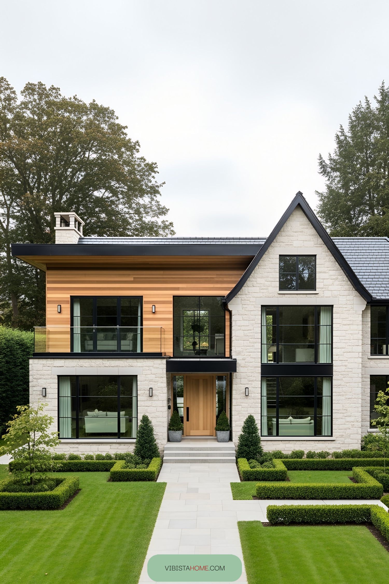 Elegant modern rustic house with stone and wood elements