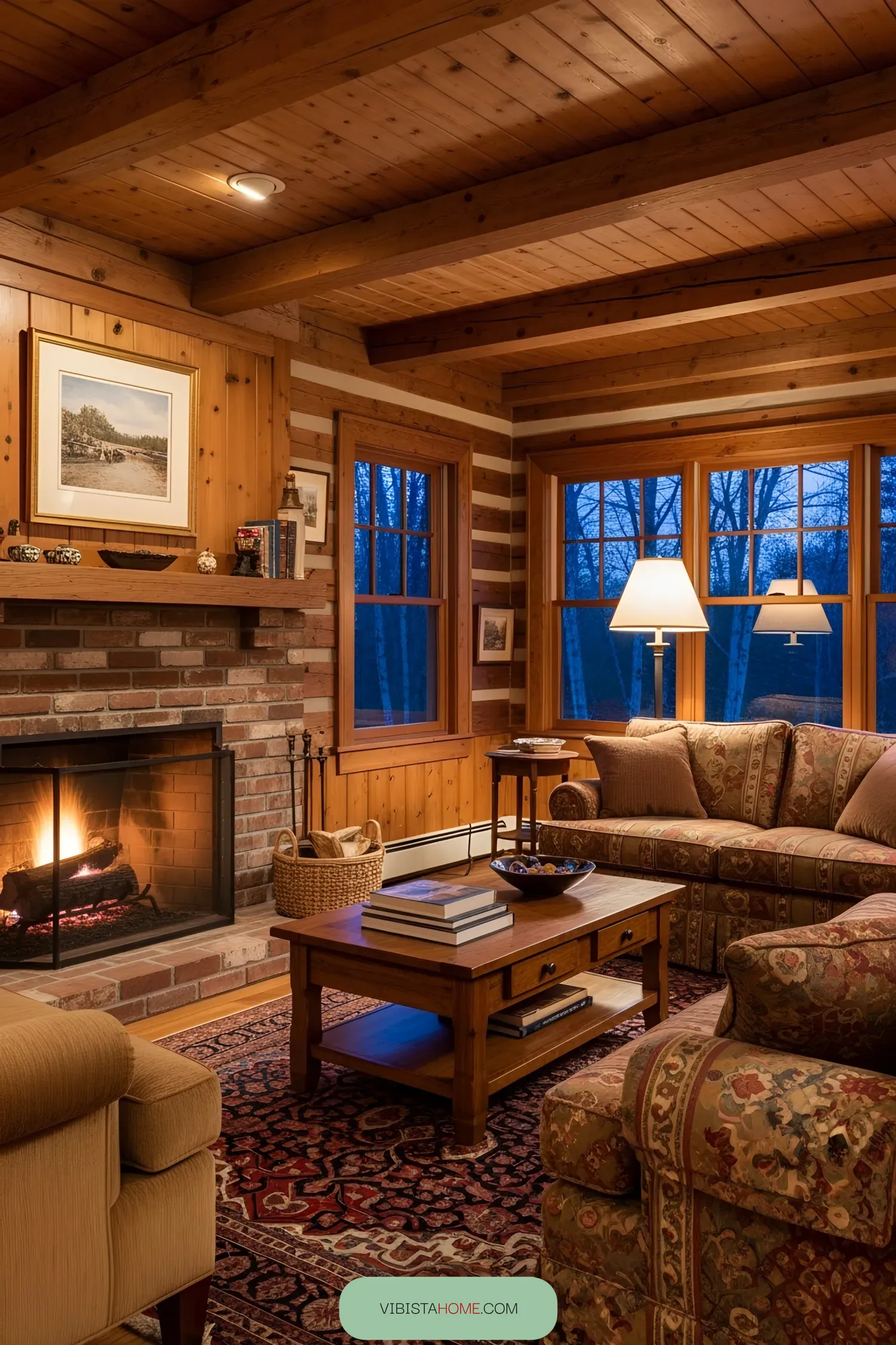 Warm log cabin living room with a glowing fireplace