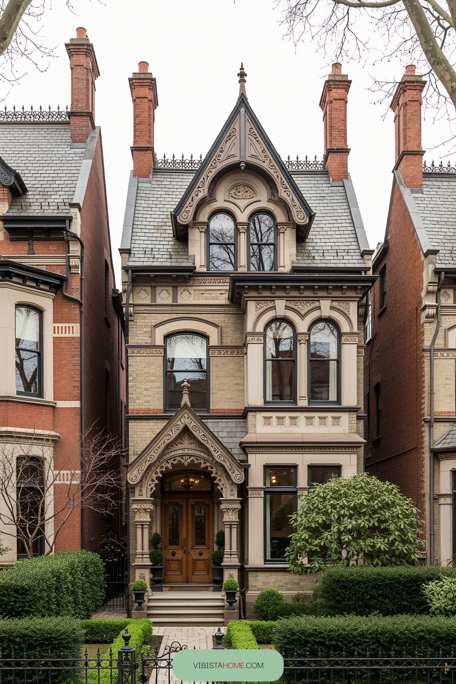 Victorian-style house with intricate detailing and tall chimneys