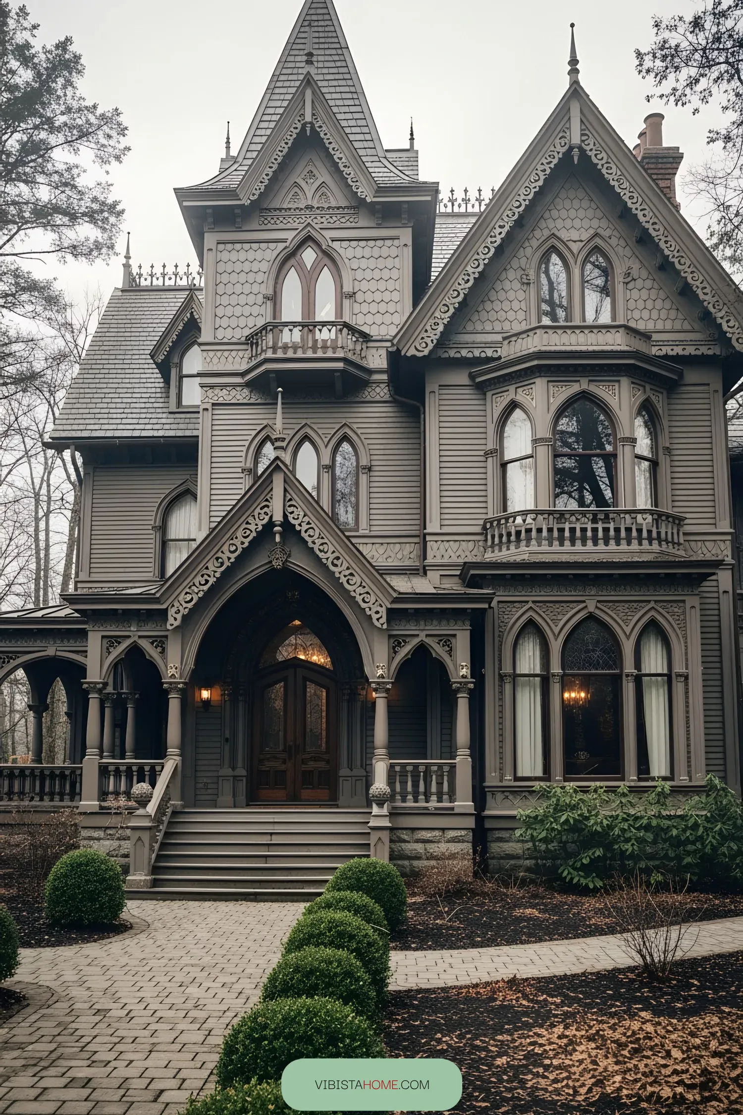Dark Victorian house with ornate details and arched windows
