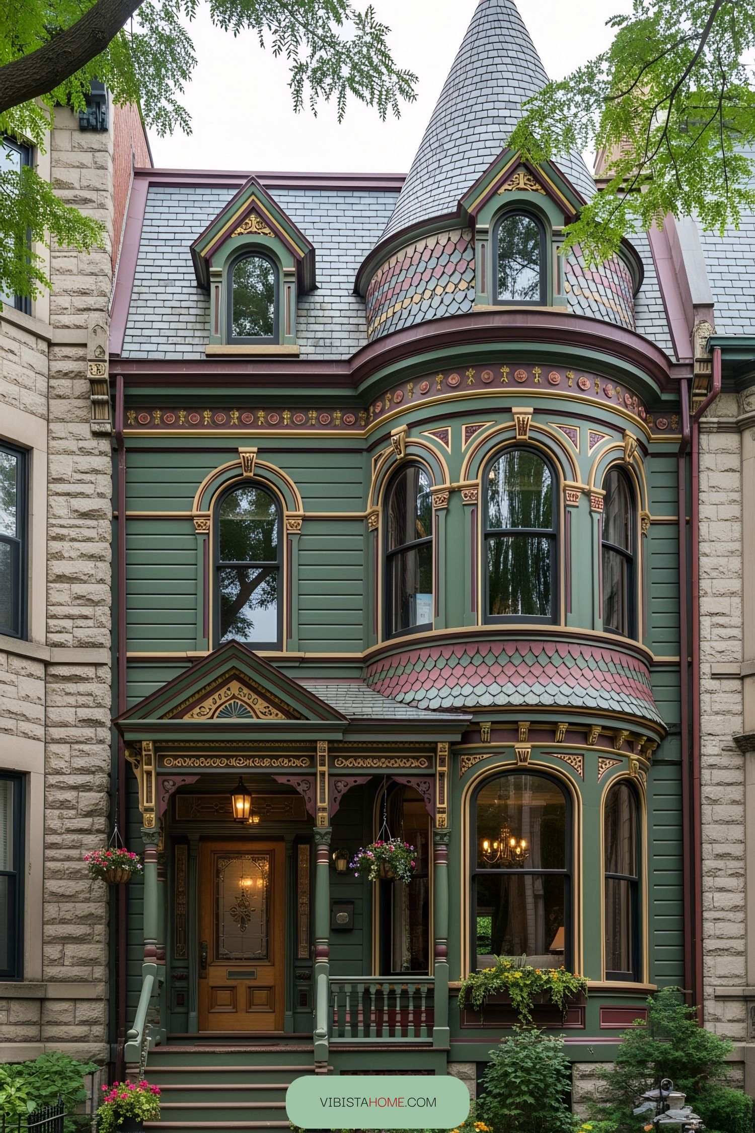 Green Victorian house with turret and decorative details