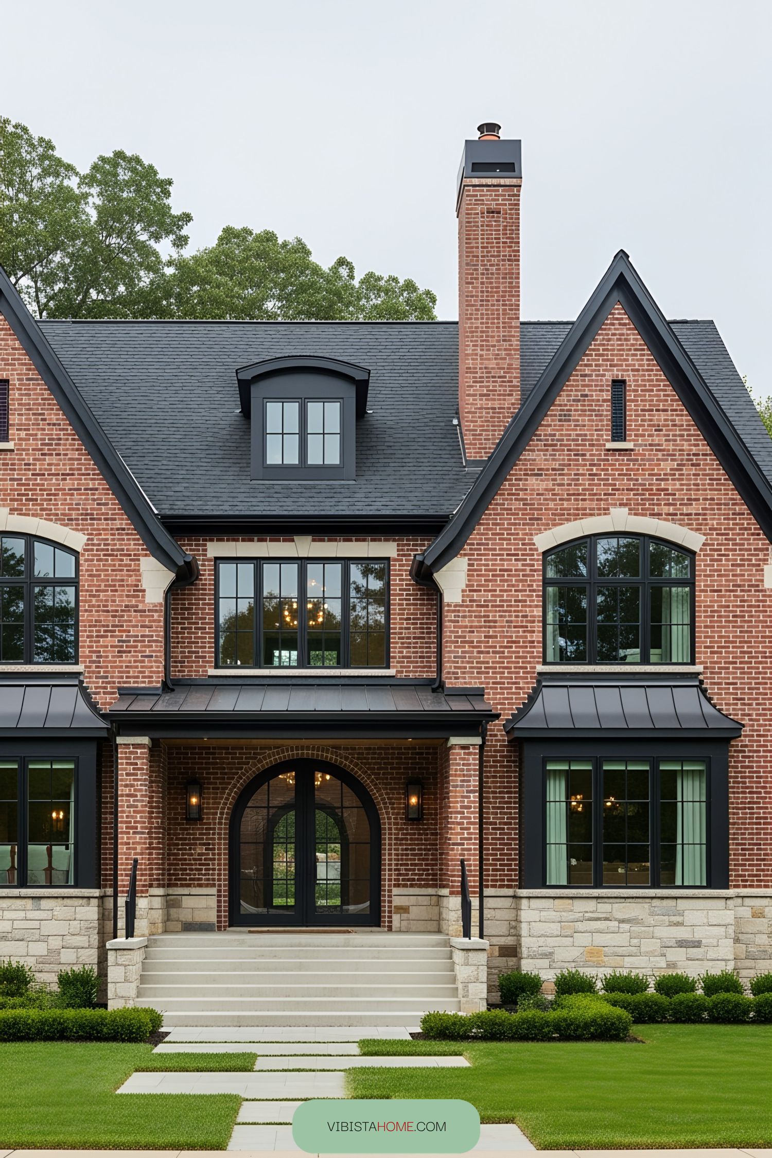 Brick farmhouse with tall chimney and manicured lawn
