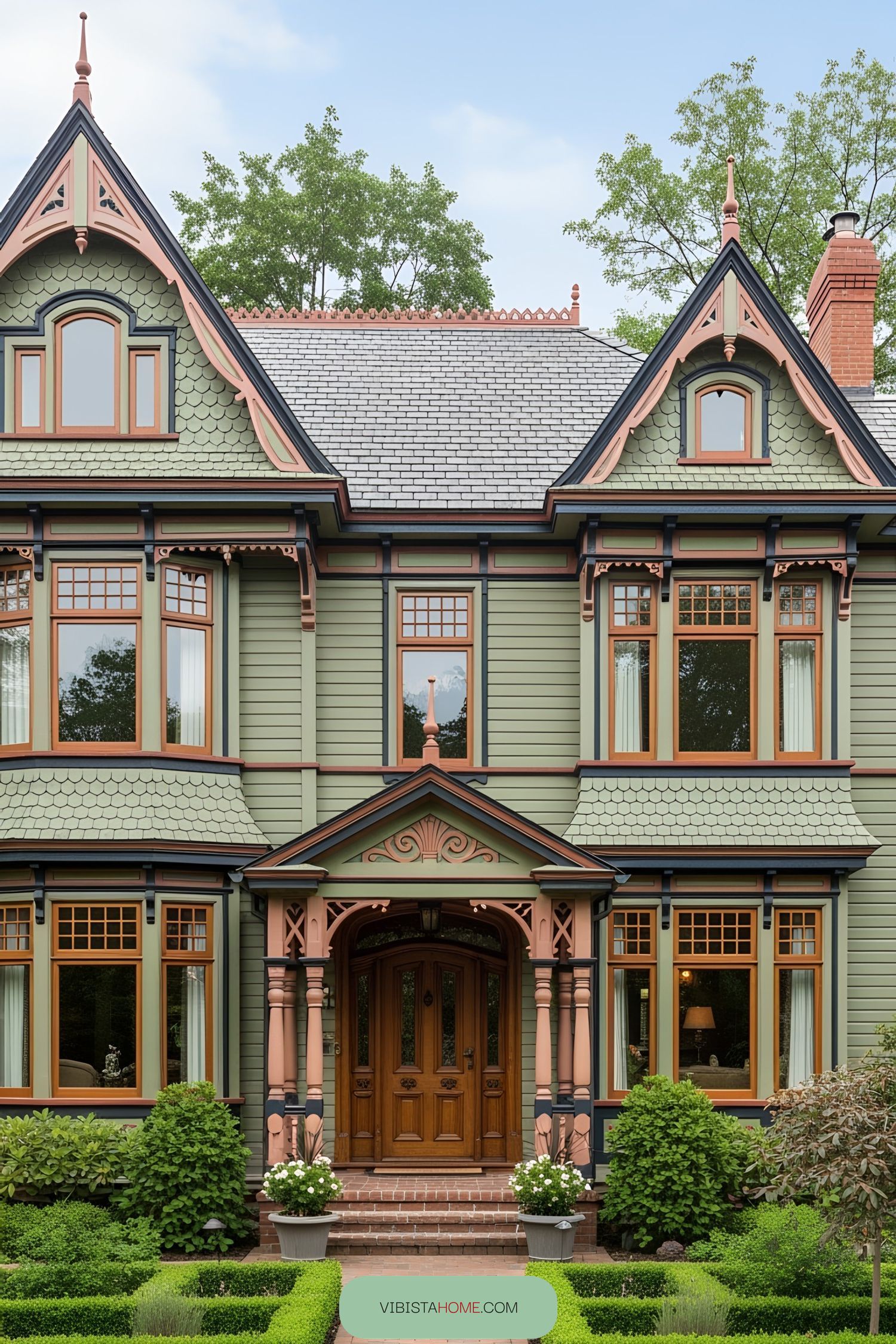 Victorian cottage with intricate details and lush greenery