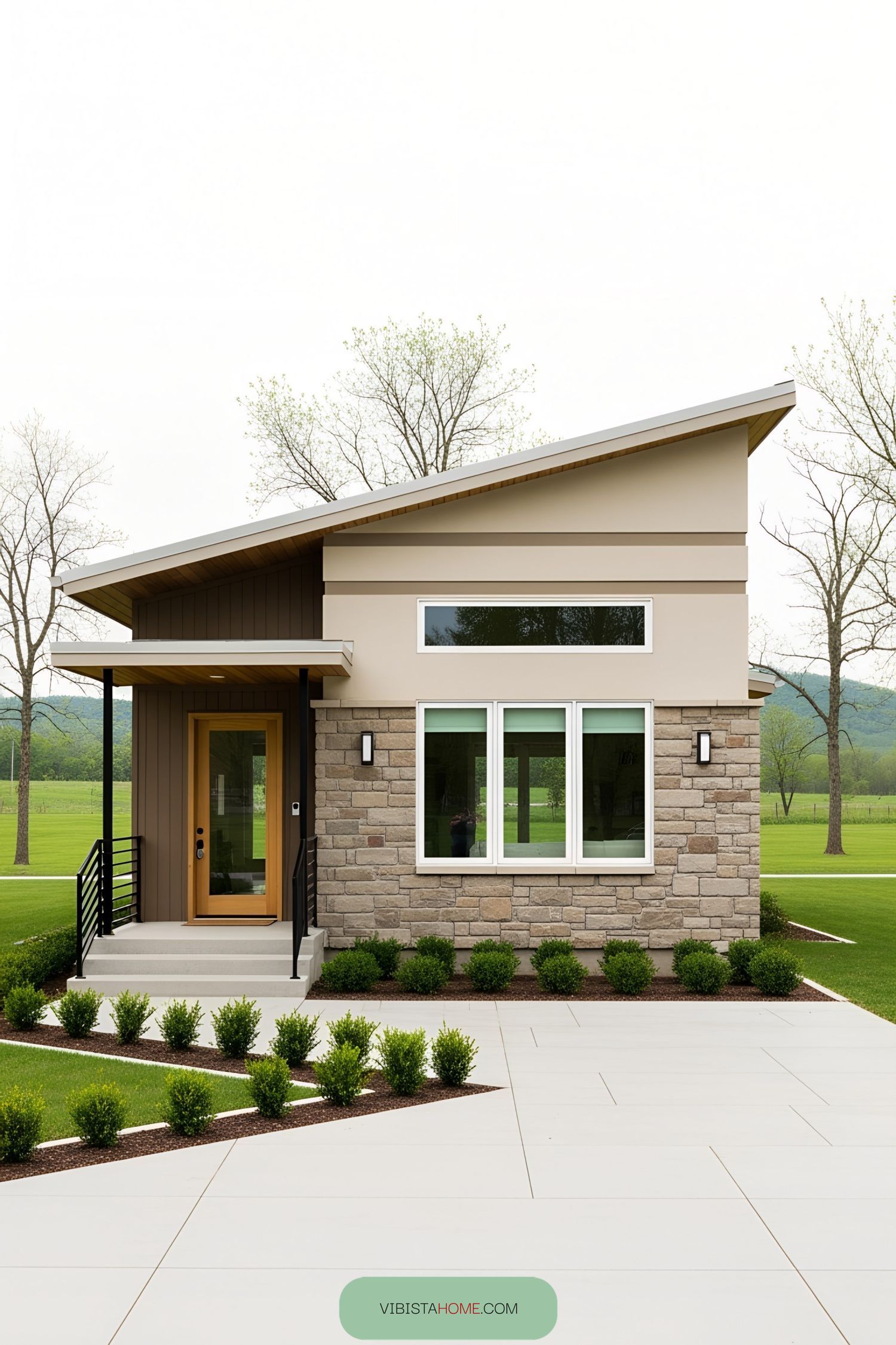 Modern minimalist bungalow with a stone facade and a slanted roof