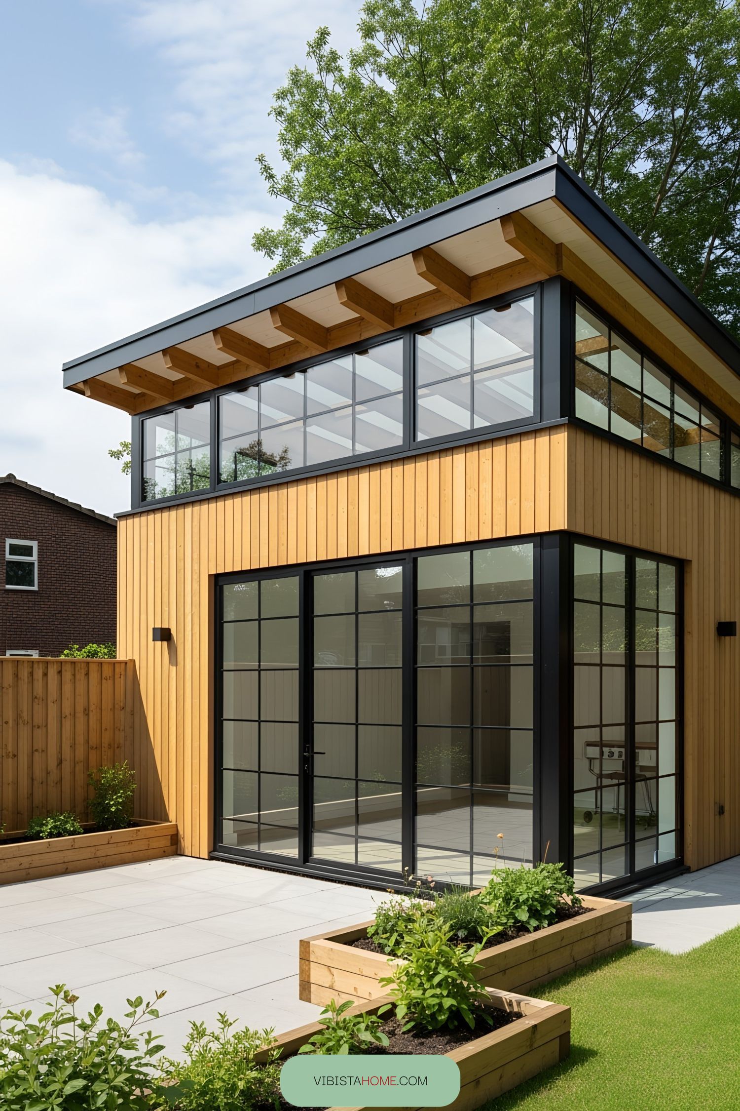 Modern glass terrace with wooden accents