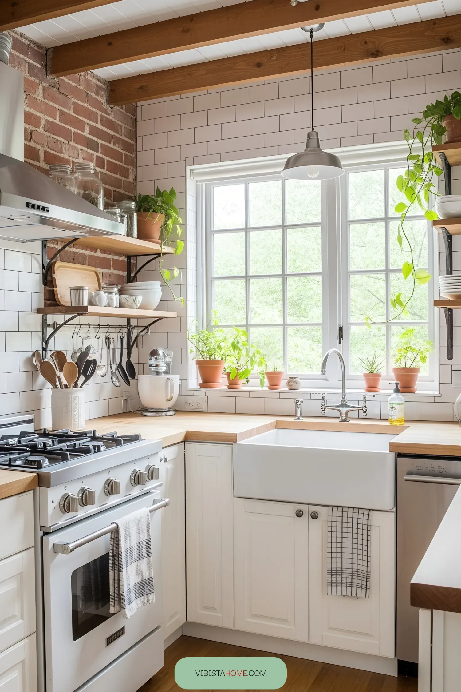 A cozy kitchen nook with brick and subway tiles