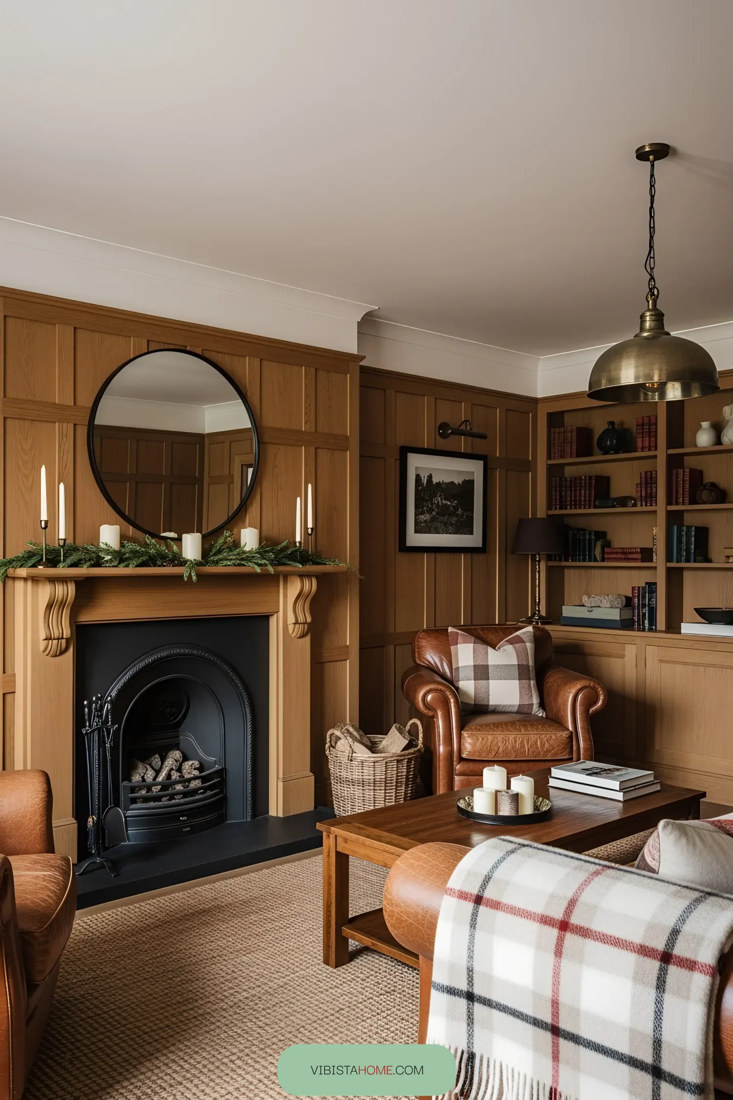 Comfortable living room with leather chairs and a fireplace