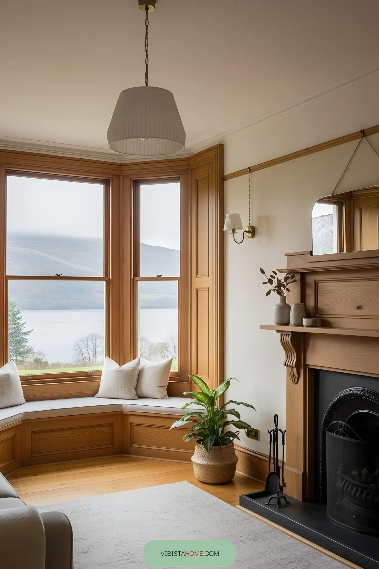 Elegant Scottish cottage interior with wooden accents and cozy seating