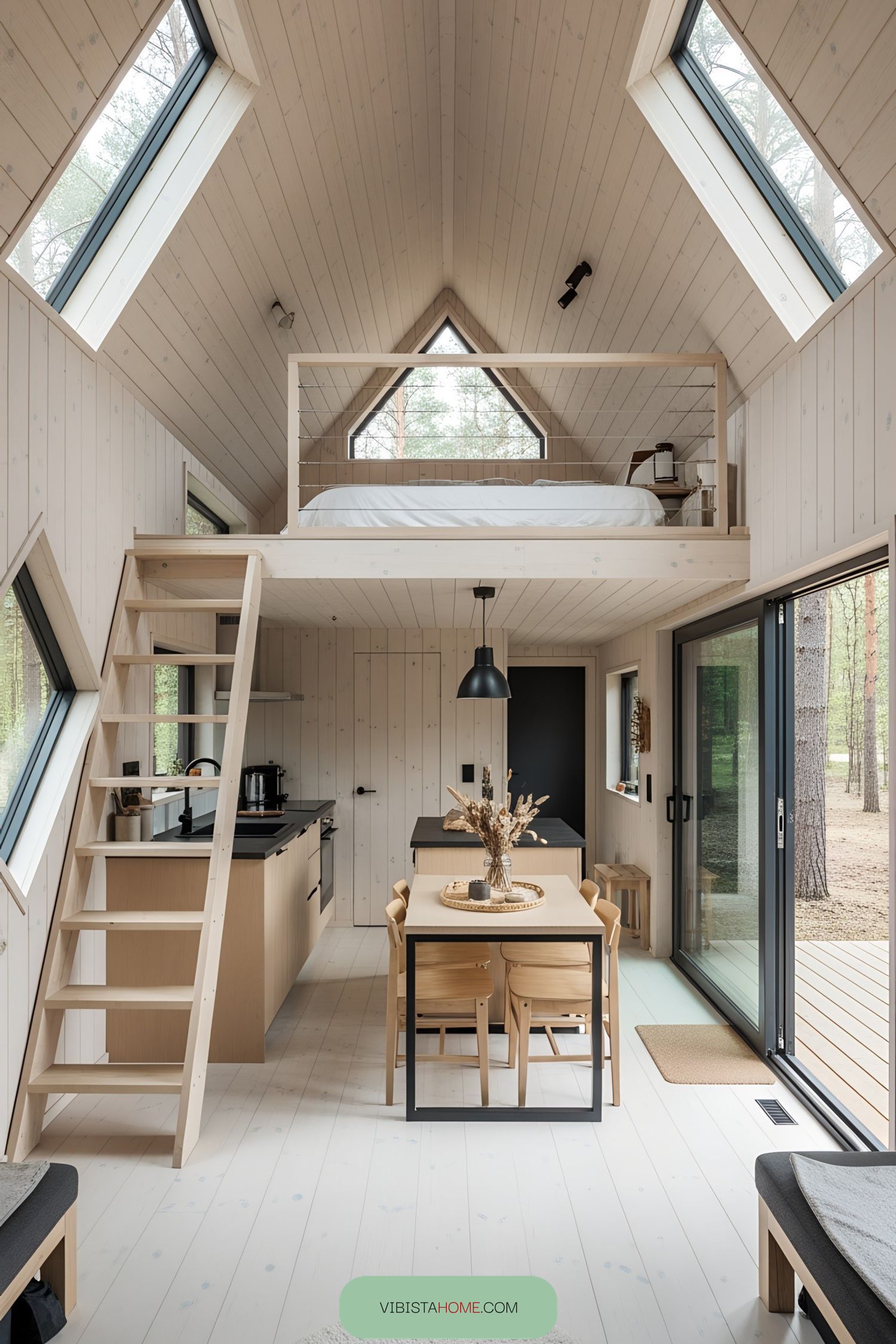 Lofted tiny house interior with minimalist design