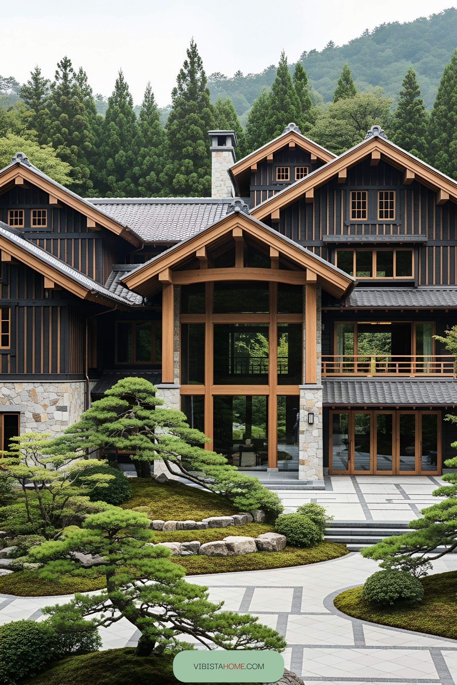 A luxurious Japanese house with wooden accents and manicured gardens