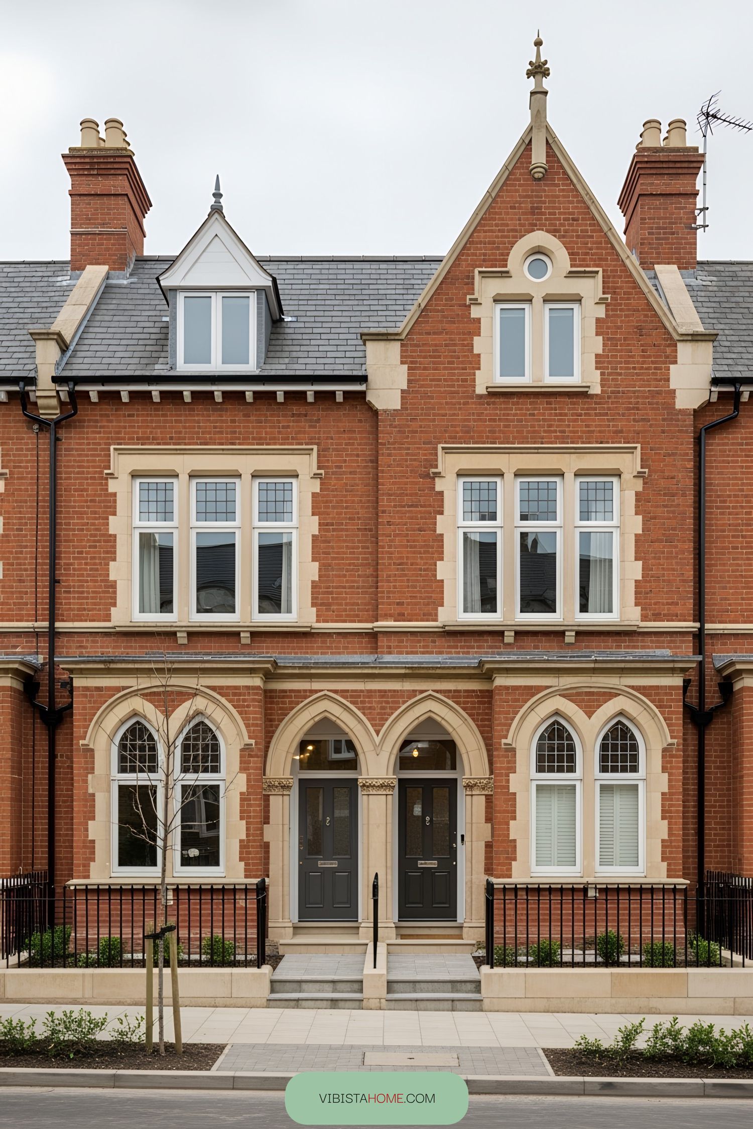 Victorian terrace with ornate brick facade and arched windows