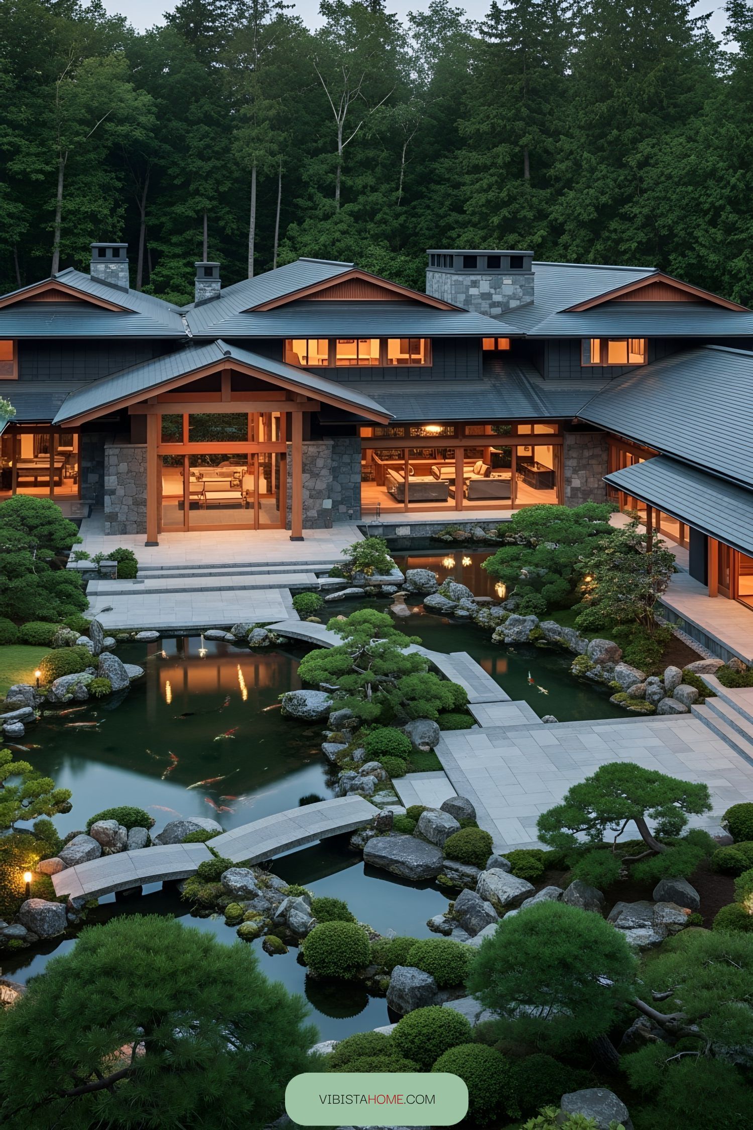 Luxury Japanese house with koi pond and lush garden