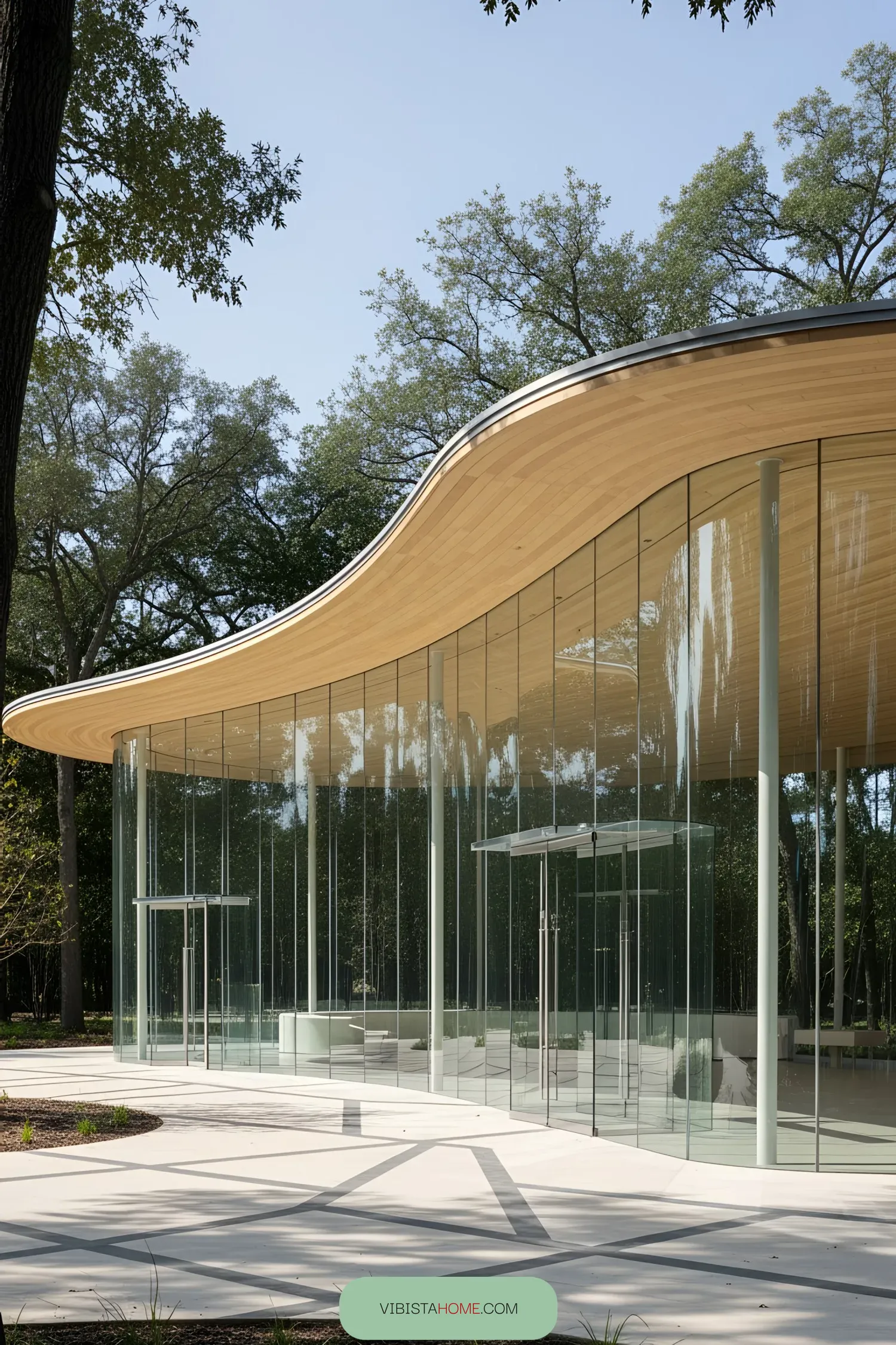A glass pavilion with a wavy wooden roof surrounded by trees