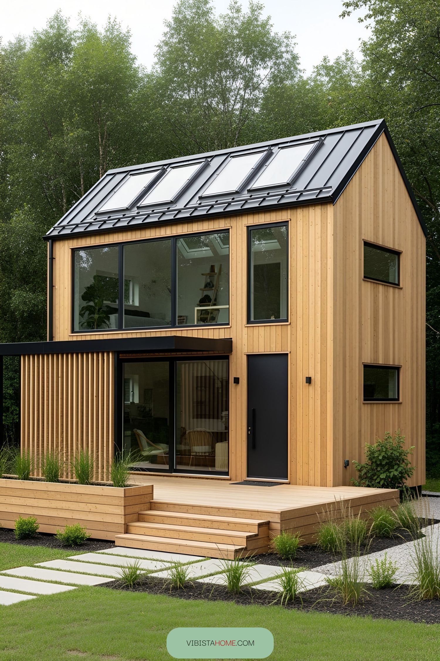 Compact wooden cabin with a modern design and large windows