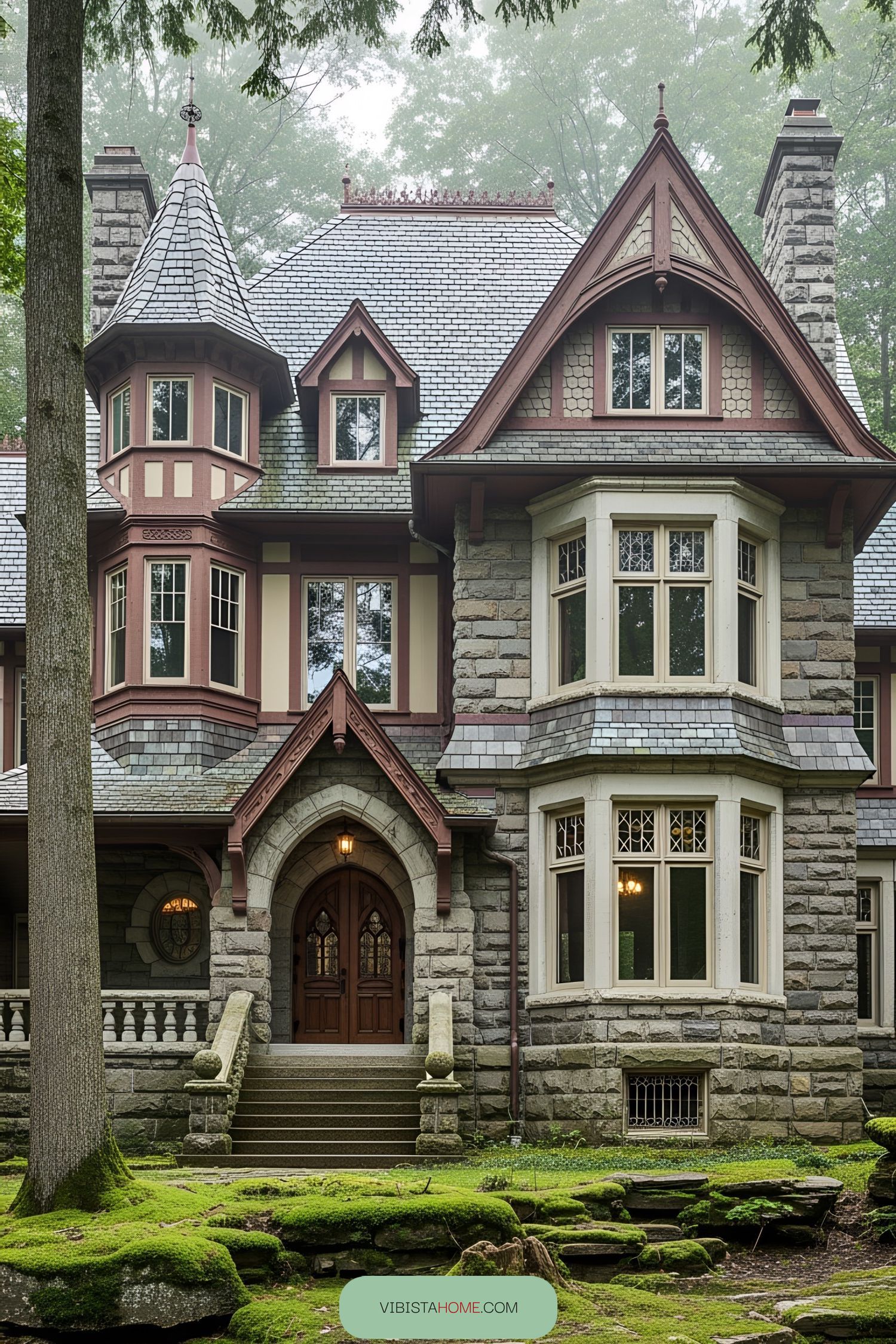 Victorian house with steep gables and a tower
