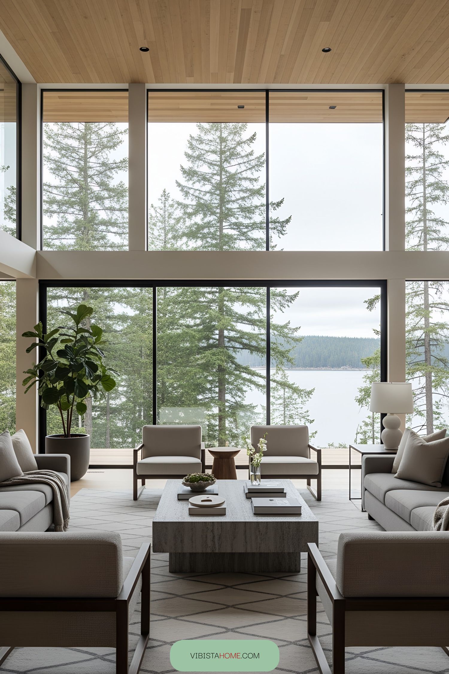 Spacious living room with large windows and a serene lake view