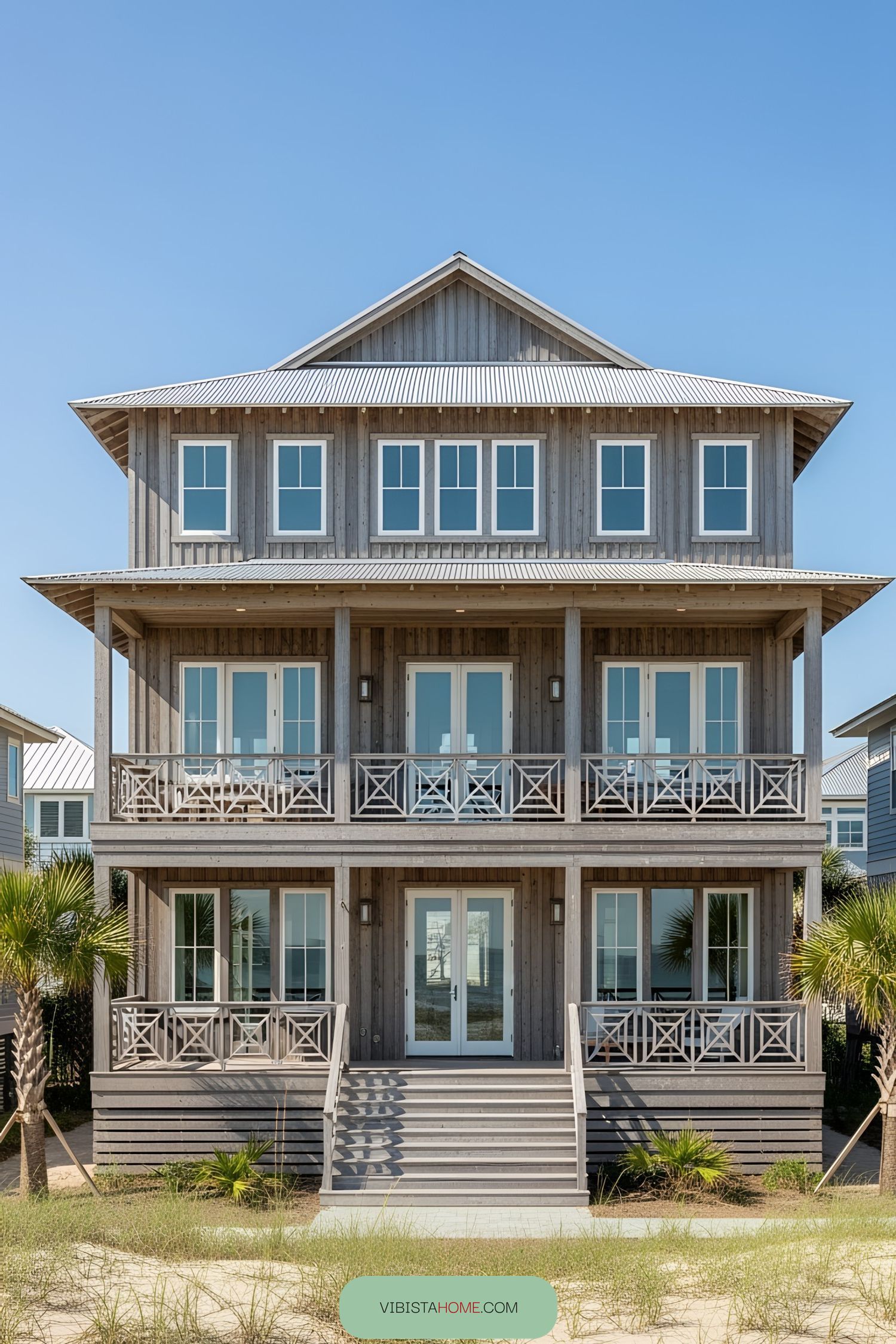 Three-story wood house with several windows and balconies