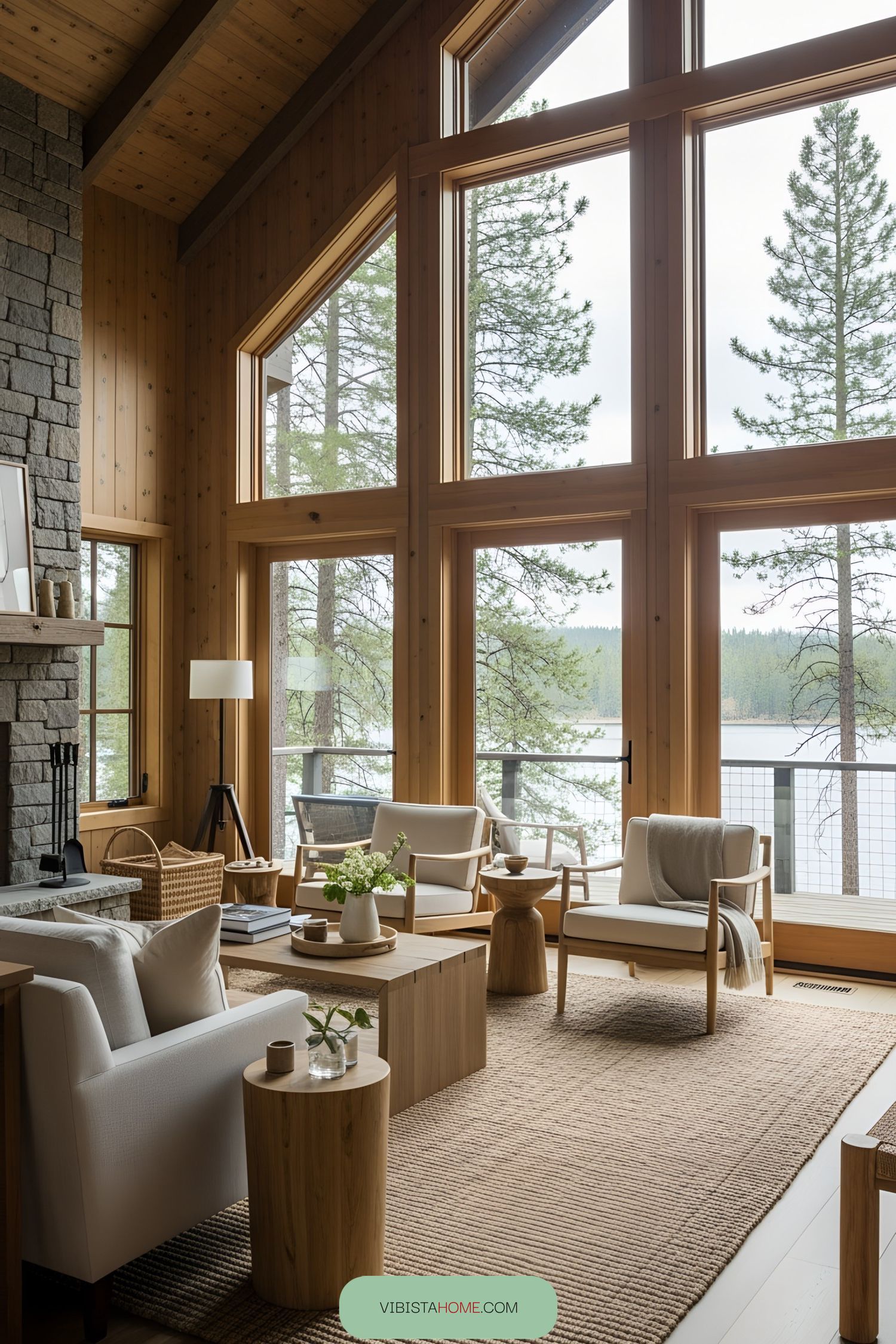 Bright living room with large windows and a stone fireplace