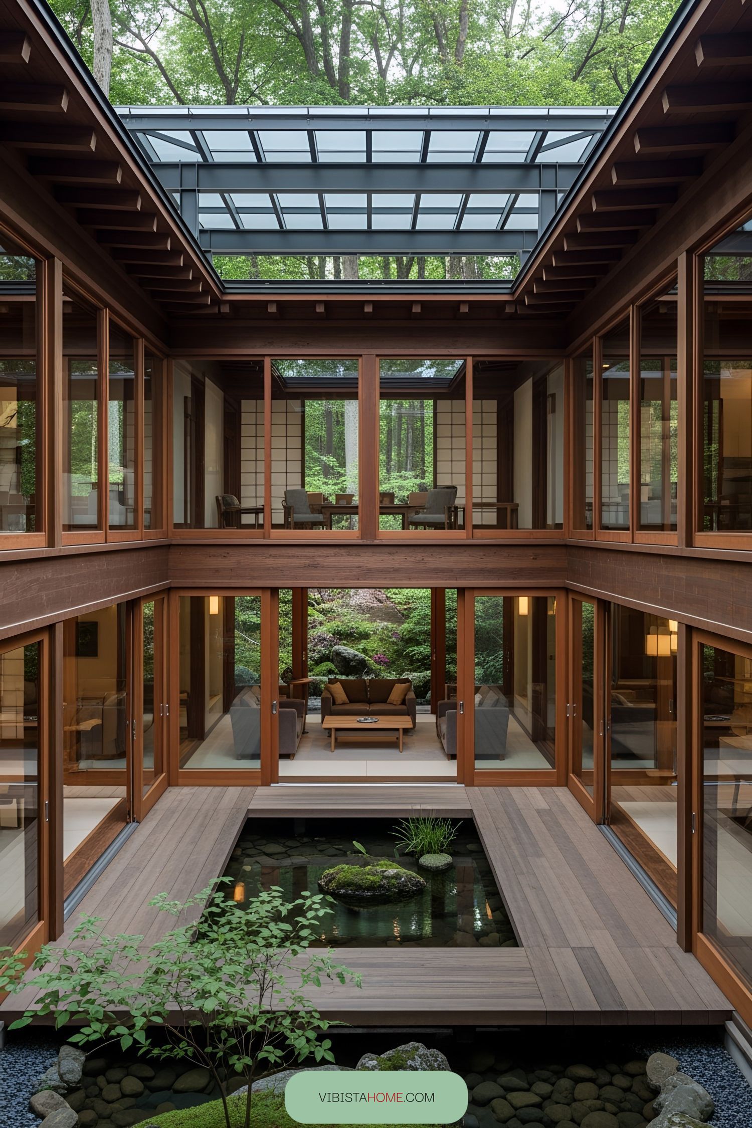 Japanese luxury house with a central courtyard and glass roof
