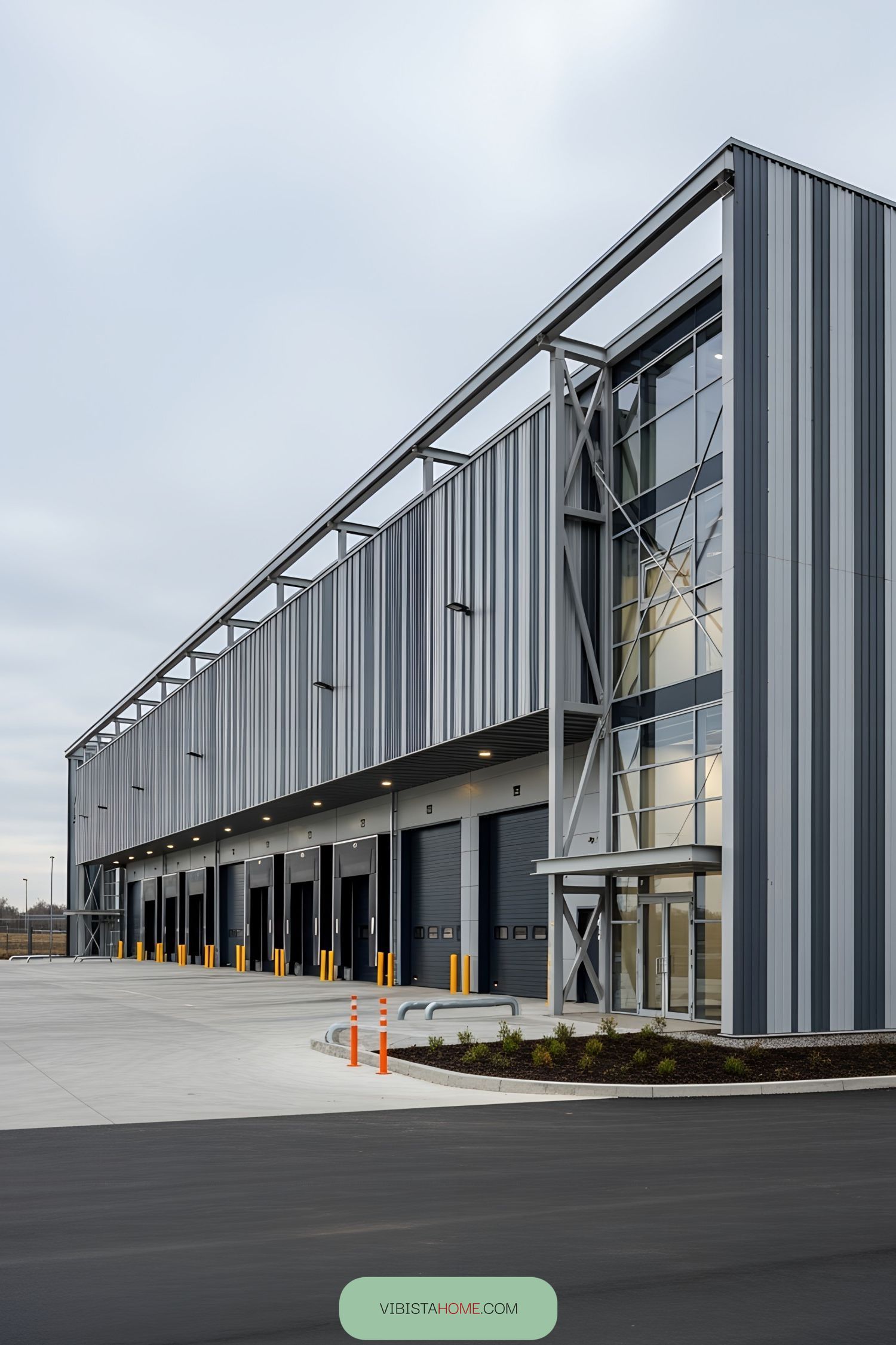Modern industrial building with striped steel facade