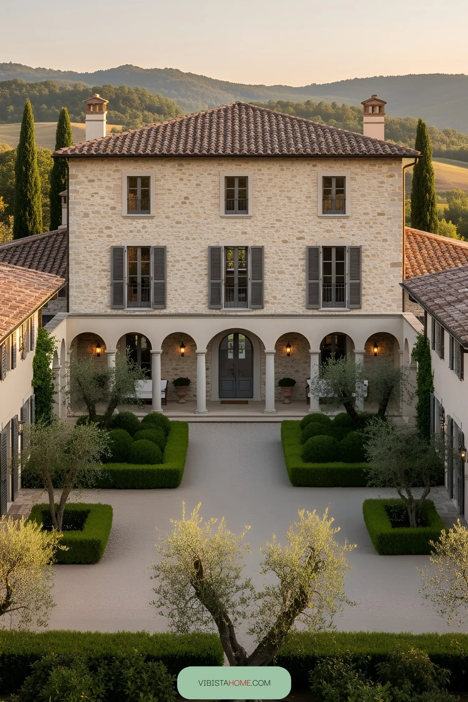 Stone villa surrounded by lush landscaping