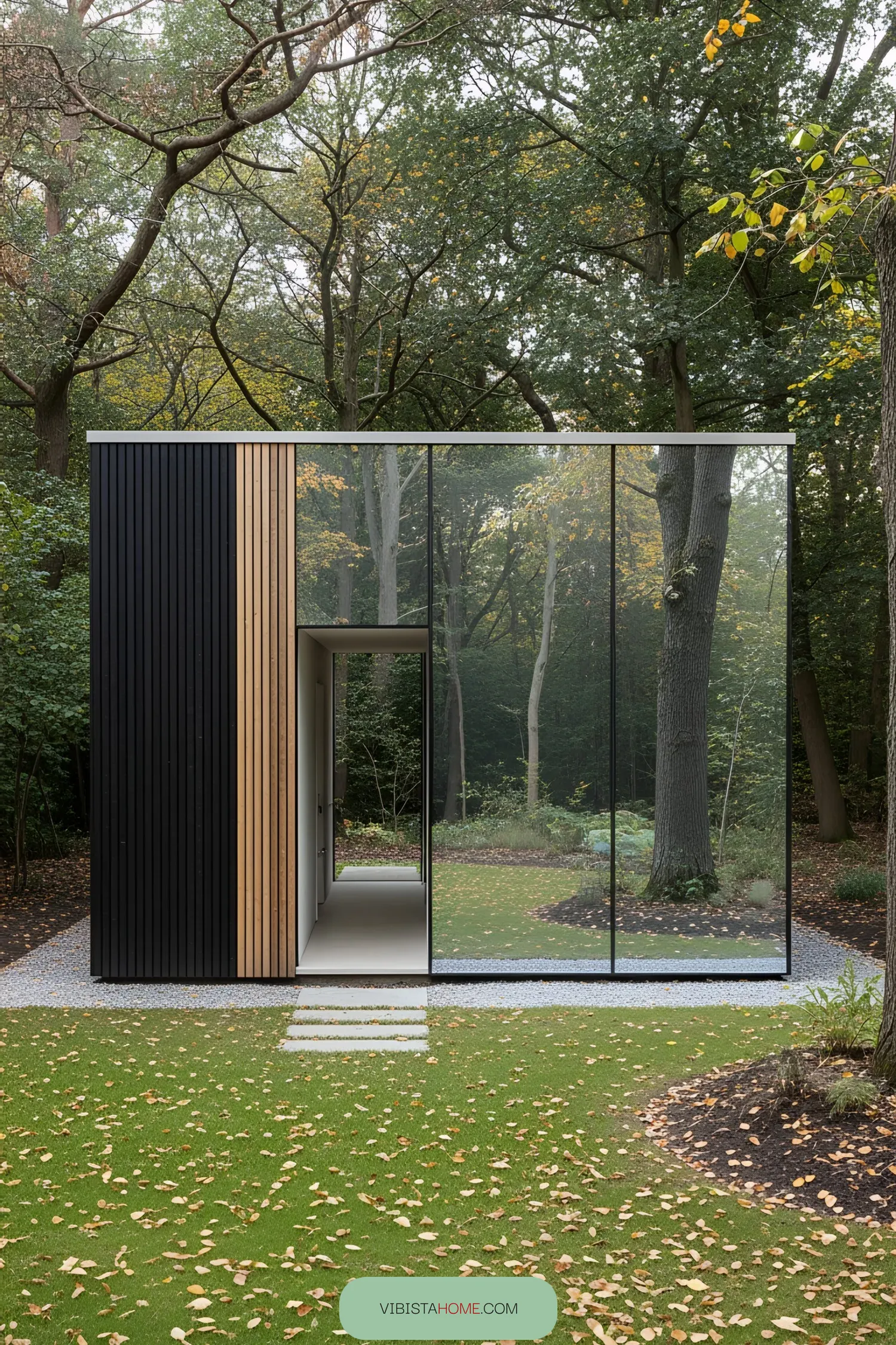 A modern glass pavilion surrounded by forest