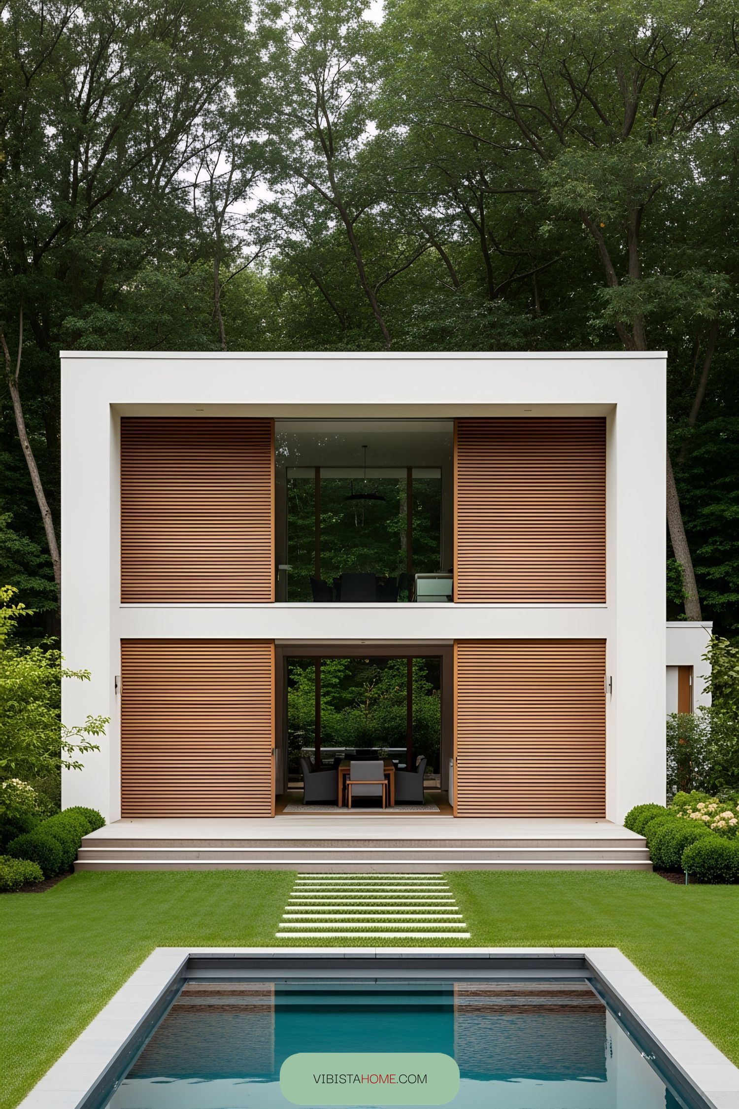 Modern pool house with wooden elements and greenery
