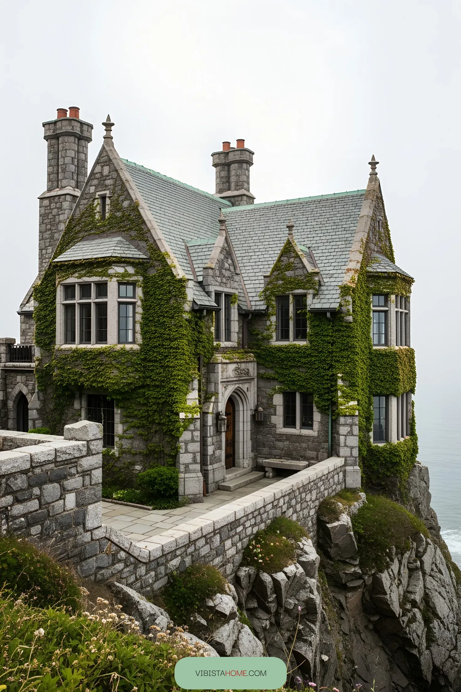 Large stone house perched on a cliff with green ivy