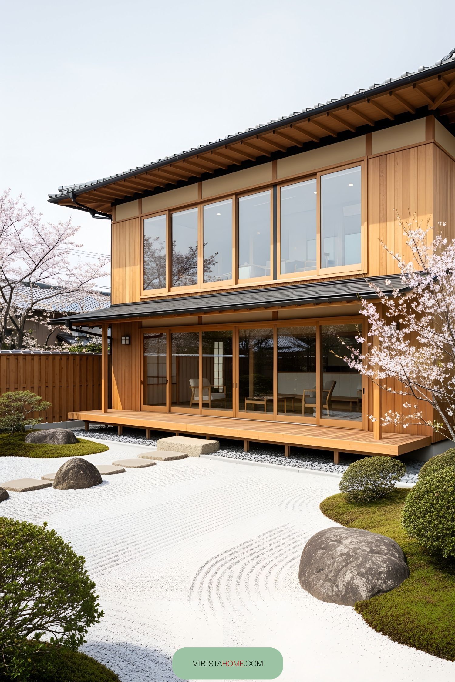 Modern Japanese house with wood paneling and a zen garden