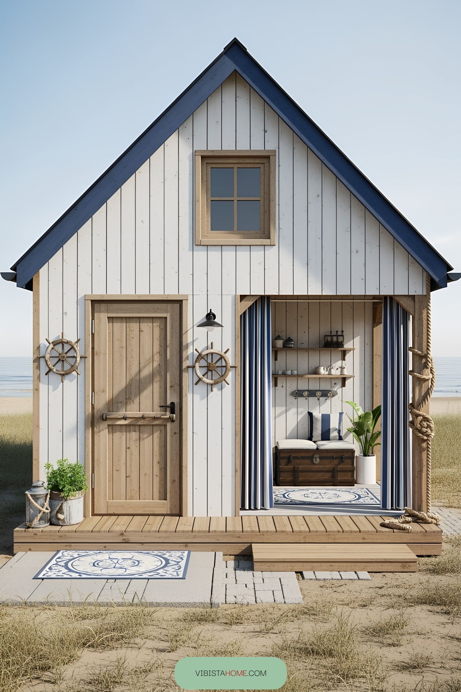 Tiny beach house with nautical decor on a sandy shore